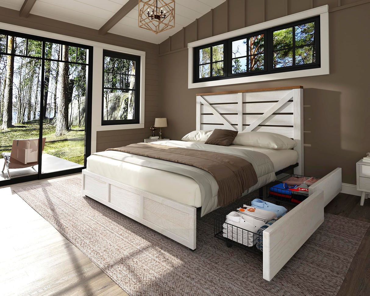 AMERLIFE King Size Farmhouse Bed Frame with 4 Drawers, Wooden Storage Bed Frame with Headboard and Heavy Duty Metal Slats, Noisy Free, Easy Assemble, White/Barnwood AMERLIFE