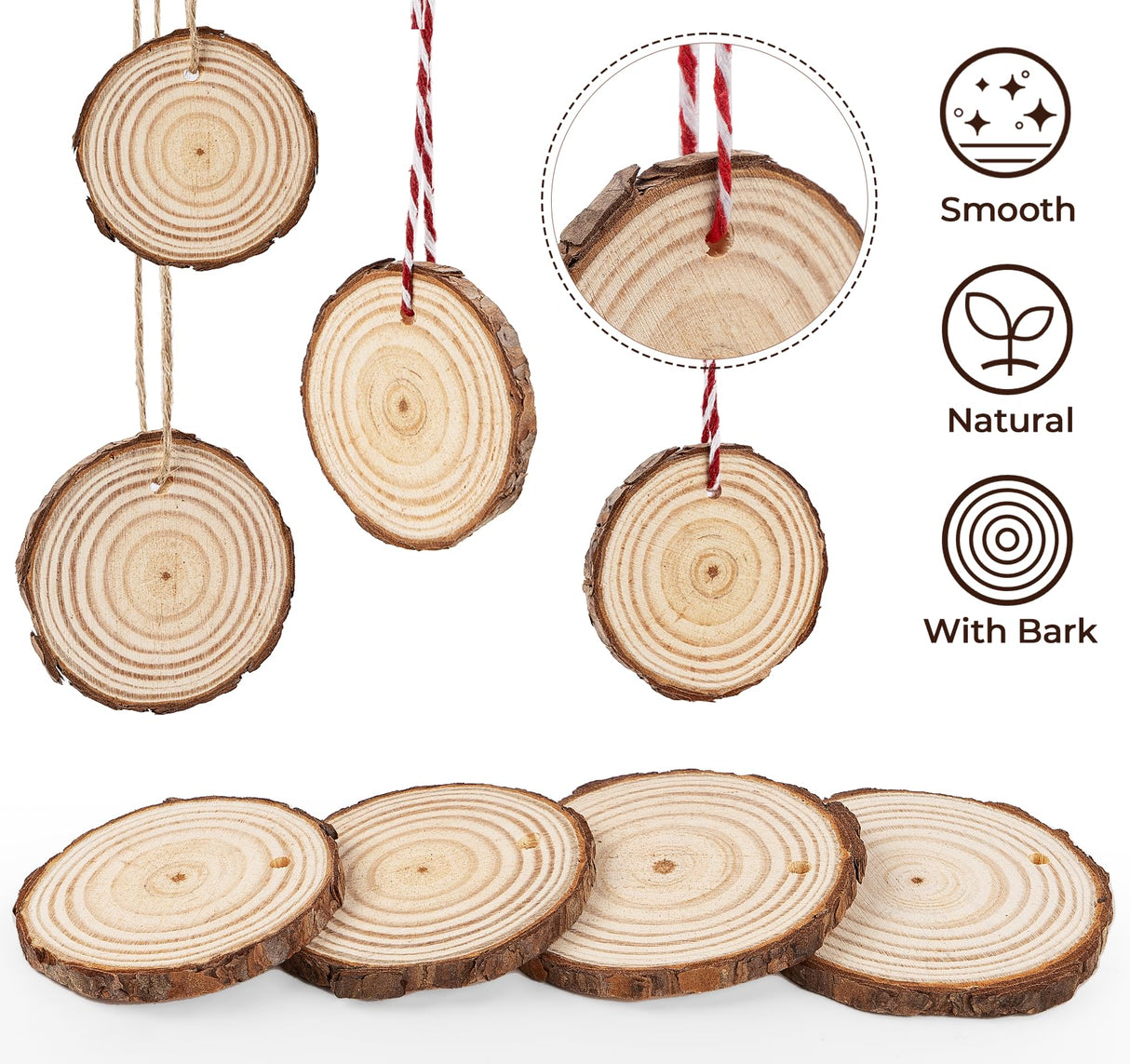 ilauke Wood Slices, 30 Pcs 2.7"-3.1" Natural Wood Slices with Predrilled Hole, Unfinished Wood with Bark, Wooden Circles for Crafts and Paint DIY Ornaments Christmas Crafts Arts Wedding Decor ilauke