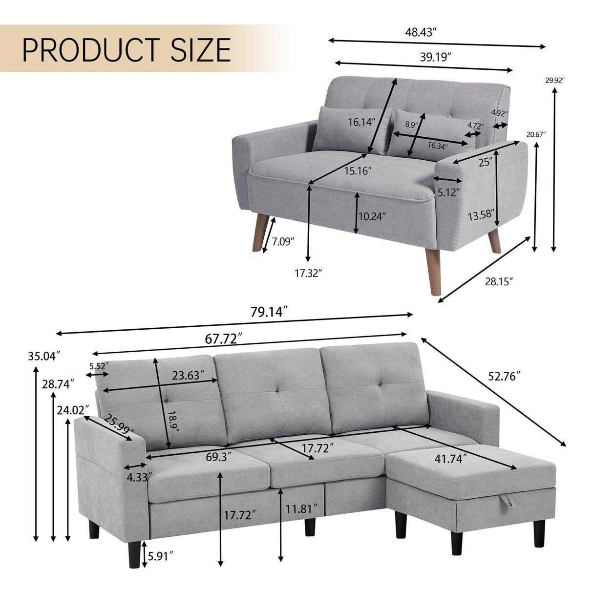 Pingliang Home 2 Piece Comfy Couch Set, 3 Seater & 2-Seater Sofa and Loveseat Set with Ottoman, Modern Sofa Sets for Living Room/Apartment/Office, Light Grey Pingliang Home