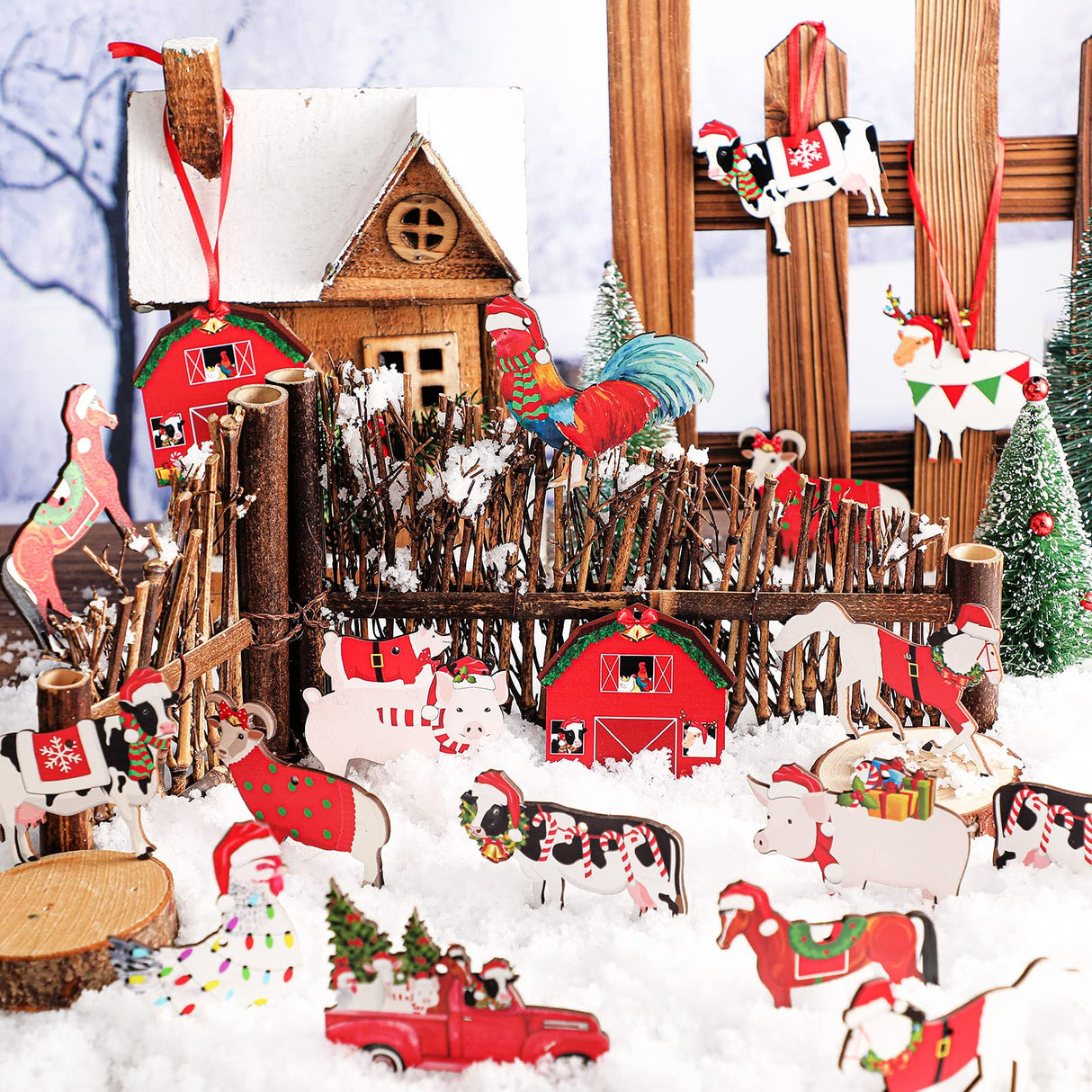 24 Pcs Wooden Farm Animal Christmas Ornaments Wooden Christmas Farmhouse Rustic Ornaments Hanging Red Truck Christmas Tree Decorations Cow Pig Rustic Christmas Decor Ornaments for Xmas Trees Crafts Gerrii