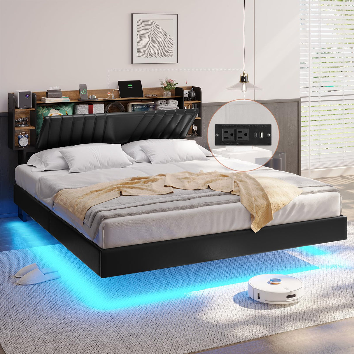 DICTAC California King Floating LED Bed Frame with Storage Headboard and Charging Station in Black and Rustic Finish DICTAC