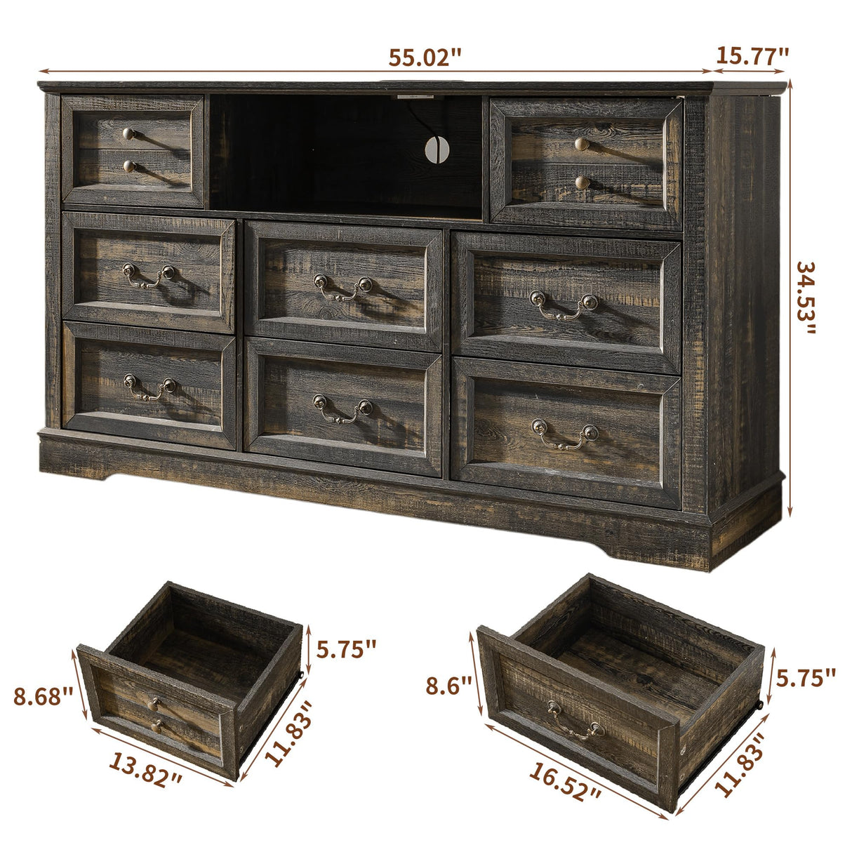 Homkdom Dresser for Bedroom with Charging Station & Led Lights,55.02" TV Stand with 8 Drawers,Dressers & Chests of Drawers with Open Shelves,Hallway,Closet 55.02" W x 34.53" H x 15.77" D Rustic Oak Homkdom