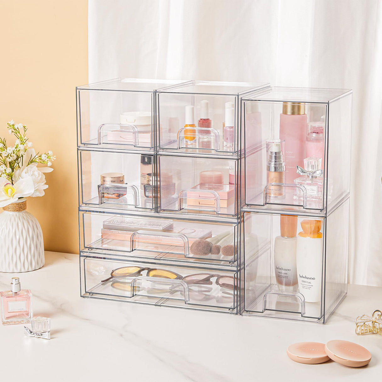 Vtopmart Stackable Storage Drawers Set of 3,Clear Plastic Organizer Bins for Makeup, Cosmetics, Beauty Supplies,Ideal for Vanity, Bathroom,Cabinet,Pantry Organization Vtopmart