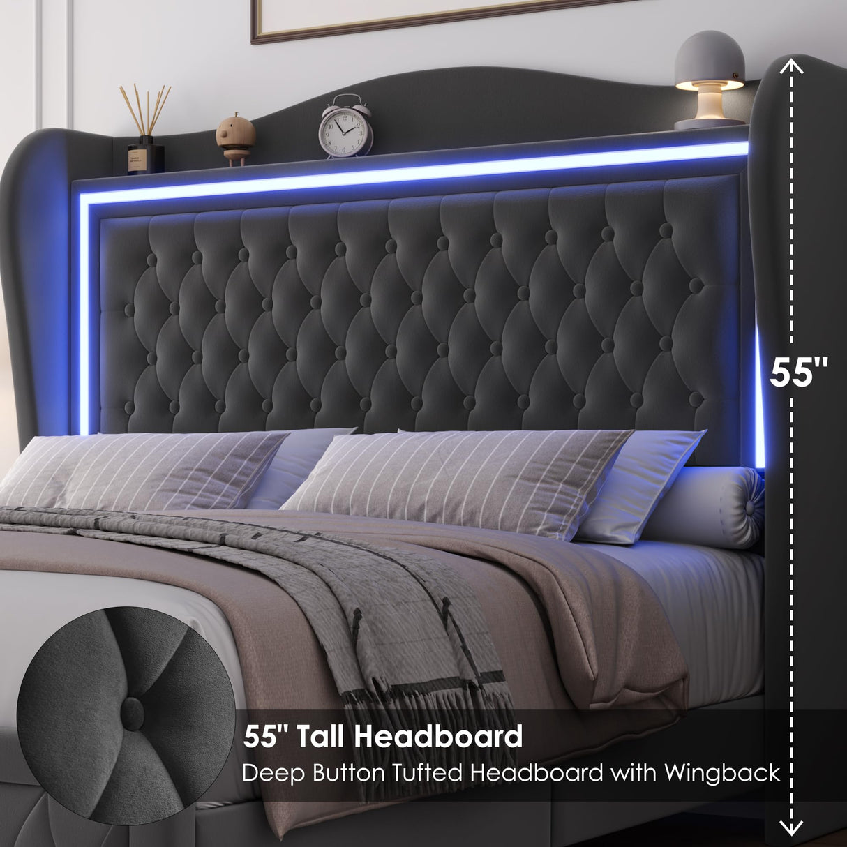 Queen Bed Frame 55" Tall Headboard with LED Lights, Buttons Tufted Velvet Upholstered Platform Bed Frame with 2 Storage Drawers, Wood Slats Support Mattress Foundation, No Box Spring Needed, Grey Keyluv