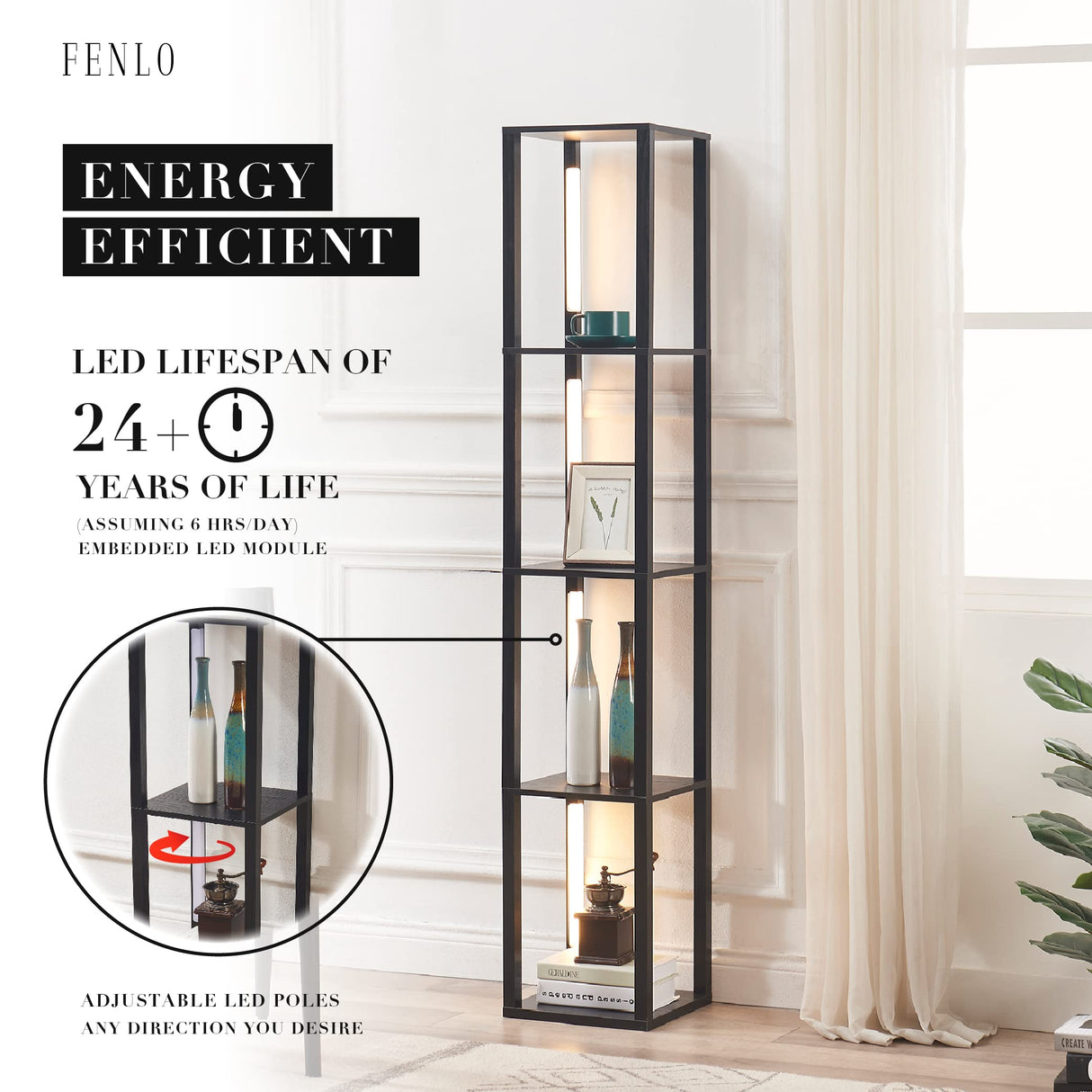FENLO Fancy - 64" Display Shelf with Lights, LED Shelf Floor Lamps for Living Room, Sturdy Corner Shelf Curio Cabinet Display, Tall Floor Lamps with FENLO