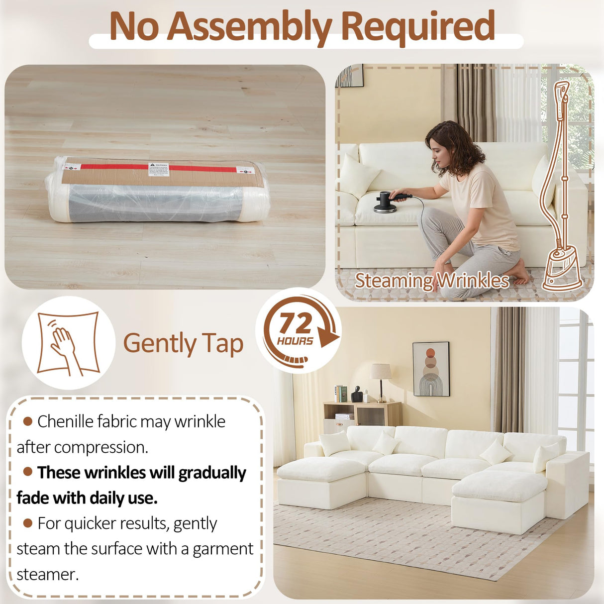 155''Cloud Boneless Sectional Couch, Modular Sectional Sofa Deep Seat with 2 Ottomans, Oversized Upholstered Convertible Comfy 6 Seater Chenille Sofa U Shape Couches for Living Room, Beige WUTUTUEE