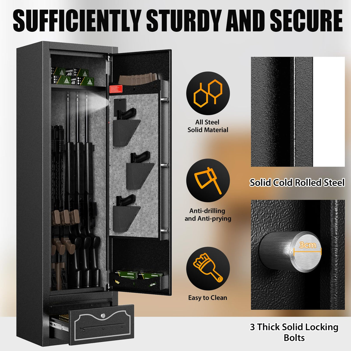 Zevemomo Gun Safes, 8 Gun Cabinet Rifle Safe for Home, Quick & Easy Access Gun Safe for Rifles and Pistols with LED Light & Drawer, Electronic Lock Zevemomo