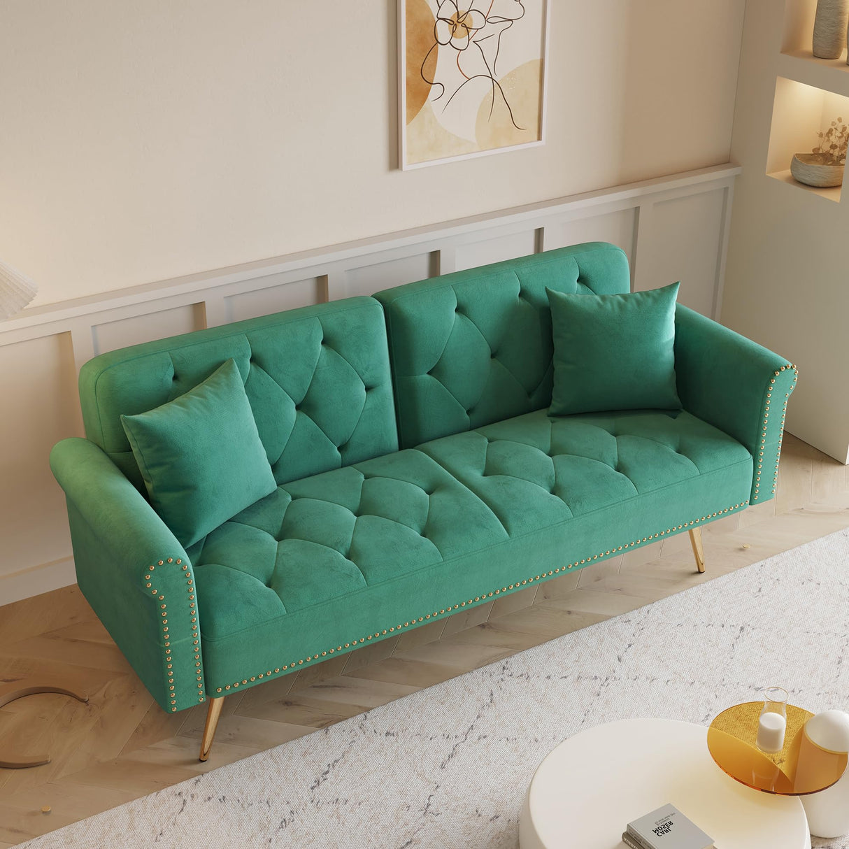 Modern Velvet 2 in 1 Futon Sofa Bed,Convertible Folding Sleeper Bed Couches with 2 Pillows,73" Tufted Recliner Love Seat with Golden Chrome Legs for Living Room Apartment Office (Green) Anwick