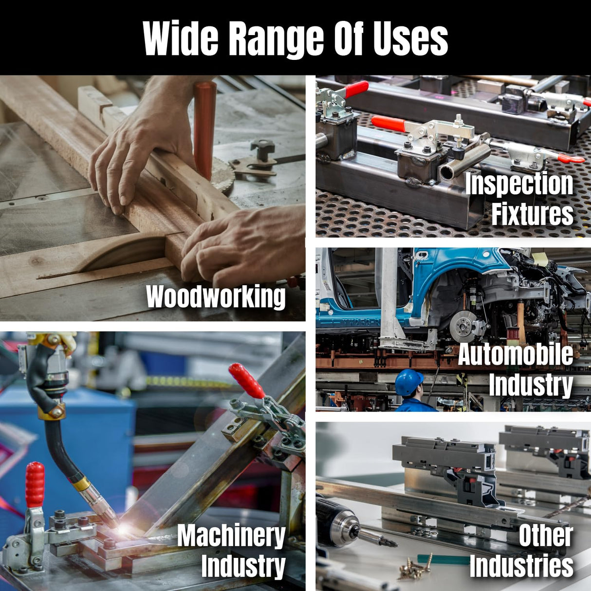 POWERTEC 4PK Toggle Clamp, 500 lbs Holding Capacity, 225D Quick Release Horizontal Clamps w/ Antislip Rubber Pressure Tip for Woodworking Jigs and Fixtures, Welding, Drill Press, Crosscut Sled (20326) POWERTEC