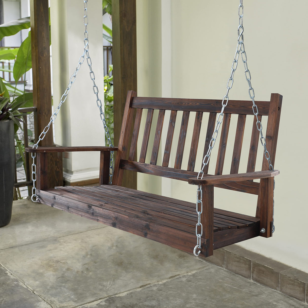 MUPATER Outdoor Patio Hanging Wooden Porch Swing 4FT with Chains, 2-Person Heavy Duty Swing Bench for Garden and Backyard, Rustic MUPATER