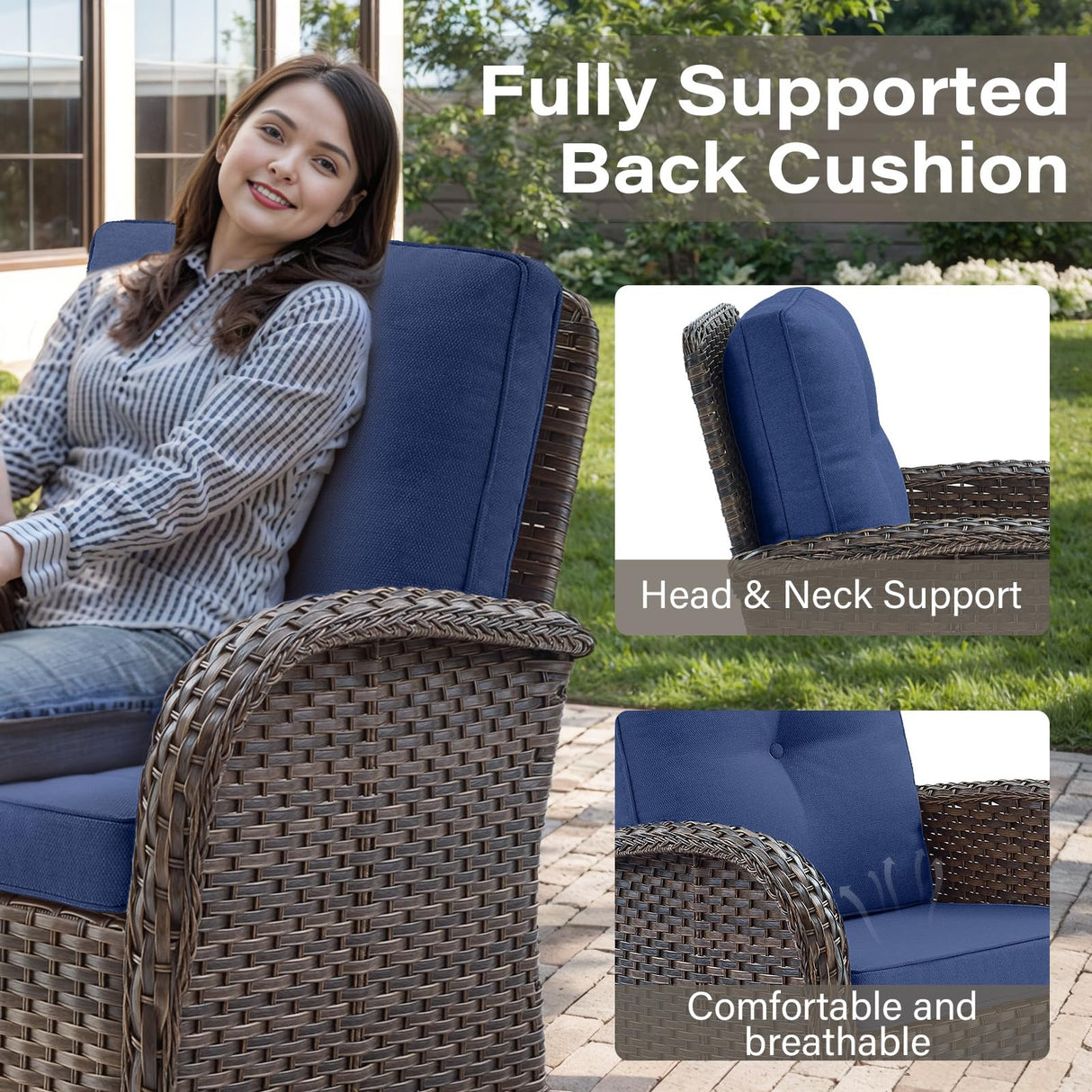 Belord Patio Wicker Chairs Swivel Rocker - Outdoor Swivel Rocking Chairs Set of 2 with Rattan Side Table, Patio Swivel Glider Chair 3 Piece Patio Furniture Sets for Patio Porch Pool Brown/Blue Belord