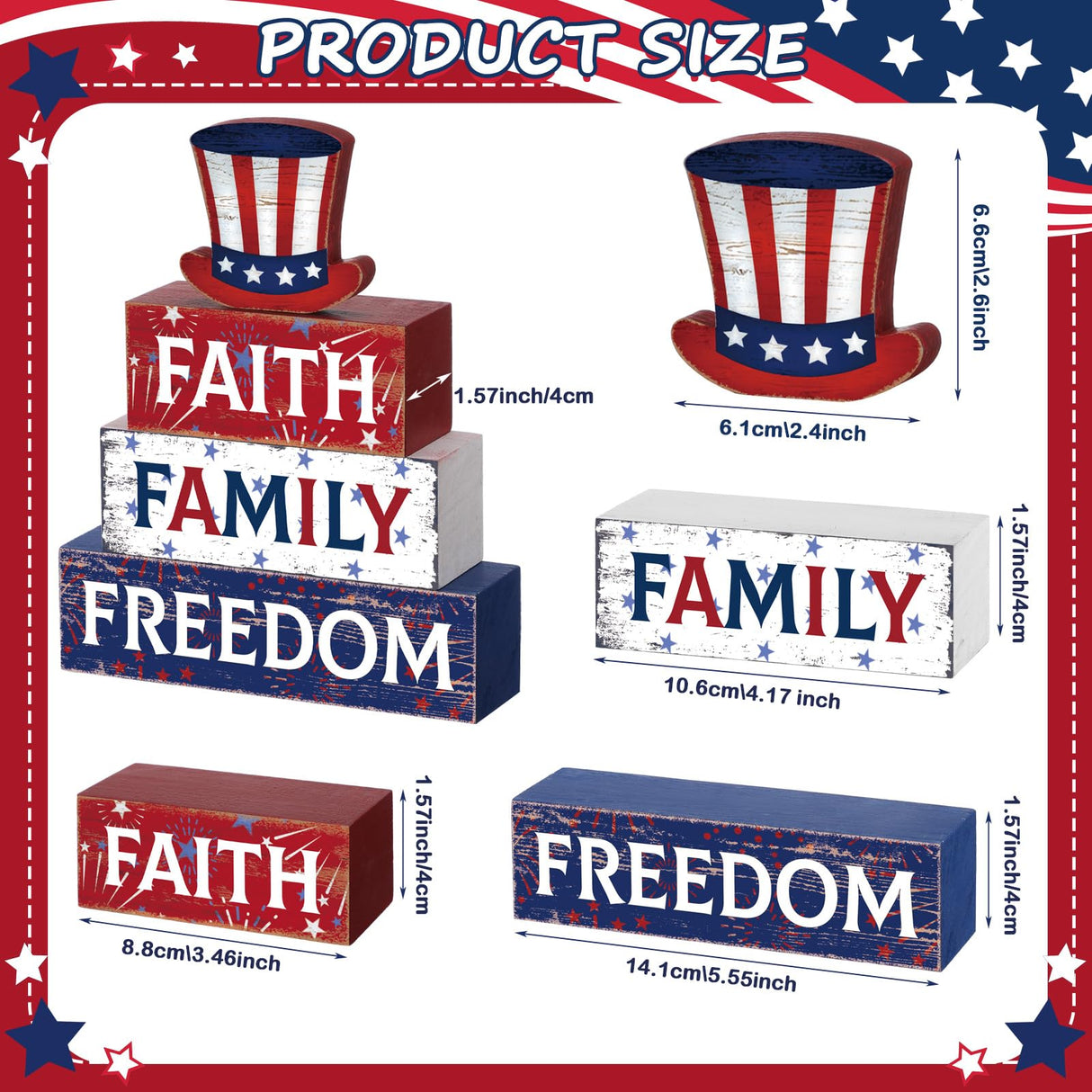 Huquary 4 Pcs Farmhouse 4th of July Patriotic Table Sign Independence Day Table Wood Decorations Patriotic Themed Rustic Farmhouse Wood Block Sign for Party Home Desk (Hat) Huquary