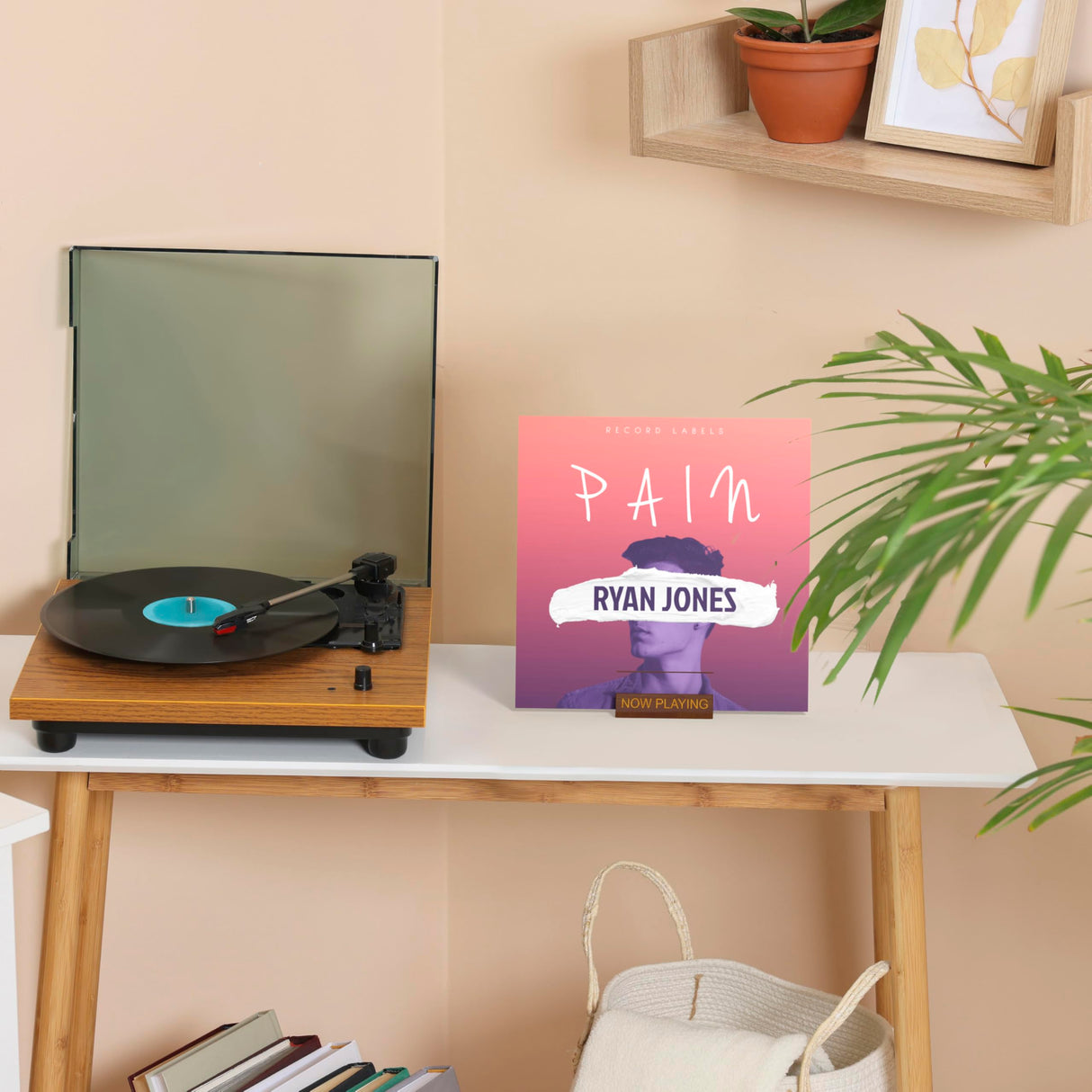 Now Playing Vinyl Record Stand | Vinyl Record Holder Display | Wood Records Storage Stands for Albums | Now Spinning Vinyl Accessories Rack Heather & Willow
