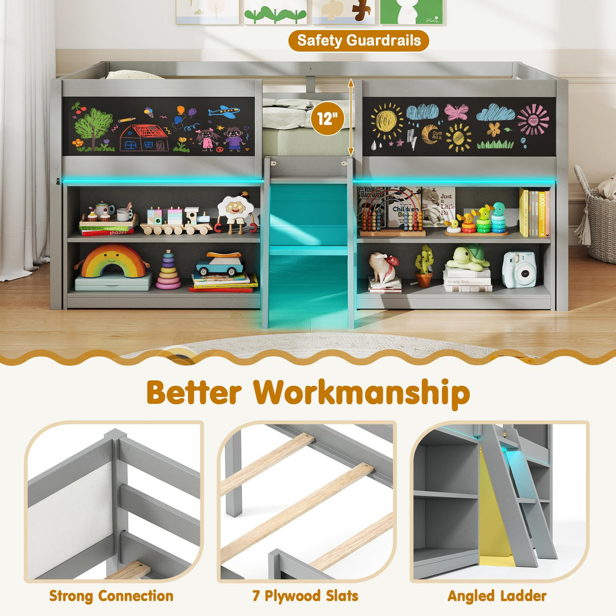 Giantex Low Loft Bed with LED Lights, Wooden Twin Size Loft Bed with Ladder & Blackboard, Twin Bed Frames for Kids with Storage 2 Bookcases and Play Space, Grey Giantex