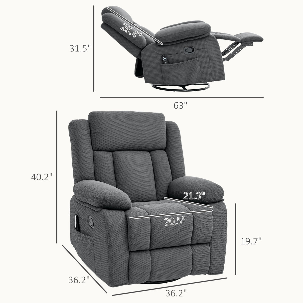 HOMCOM Recliner Chair with Vibration Massage and Heat, Oversized Swivel Rocker Single Sofa with Footrest, Remote and Side Pockets, Velvet Fabric Manual Reclining Chair for Living Room, Gray HOMCOM