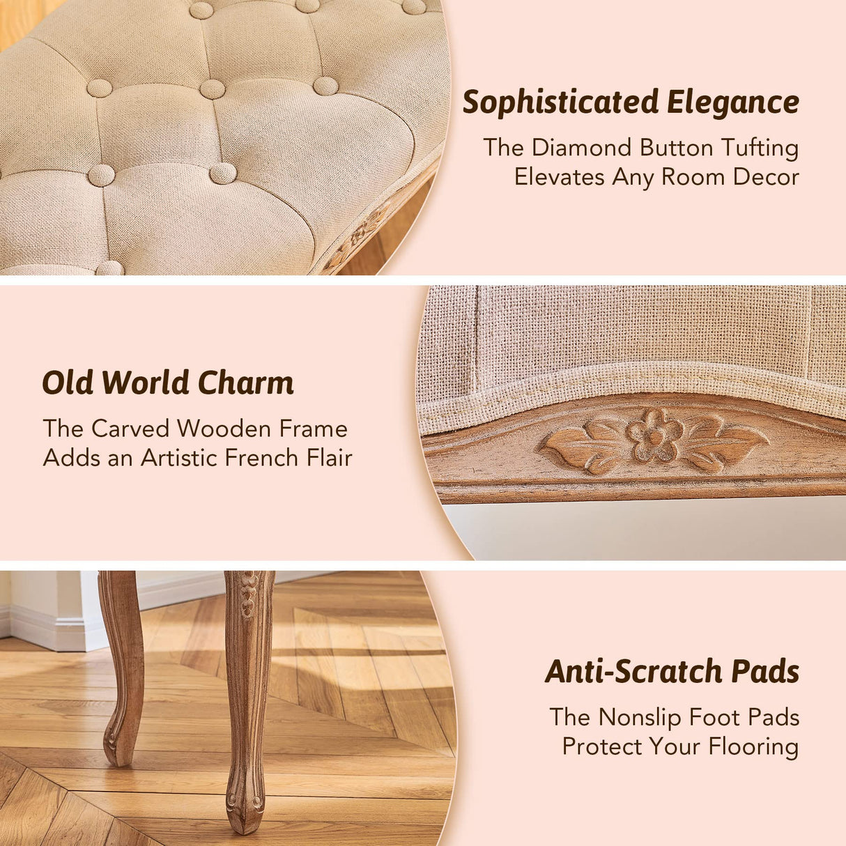 VONLUCE Vintage Bench with Padded Seat & Rubberwood Legs, 44" Memory Foam Upholstered Entryway Bench, Tufted Fabric End of Bed Bench for Bedroom and Living Room, French Style, Beige VONLUCE