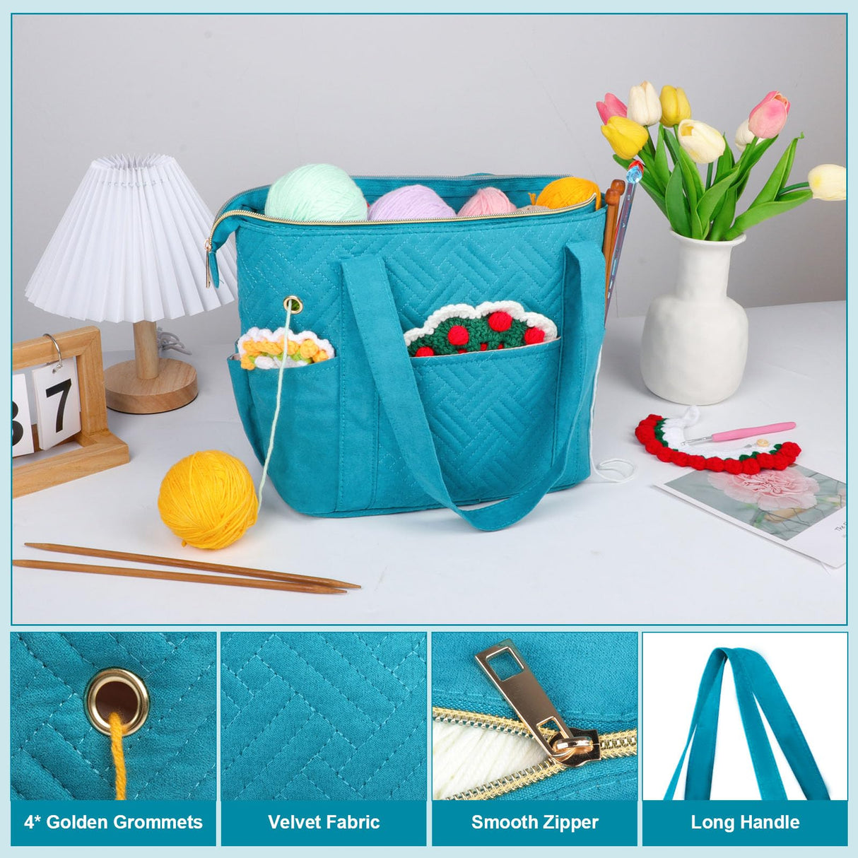 Veirdro Crochet Bag Organizer for Yarn Storage, Velvet Knitting Tote Bag with Double Handle for Crochet Accessories, Portable Travel Case for Yarn Balls, Crochet Hooks& Knitting Needles Holder (Teal) Veirdro