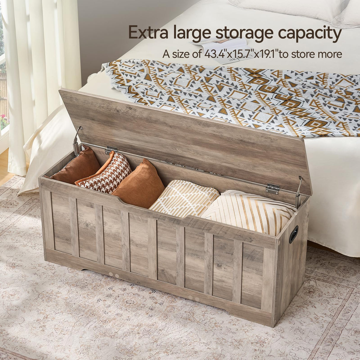 VANKILEY 47.2" Storage Chest Extra Large,Storage Trunk with 2 Safety Hinges,Wooden Storage Bench,Shoe Bench,47.2x15.7x19.1 Inch,Easy Assembly,Storage Bench for Bedroom,Living Room,entryway(Greige). VANKILEY