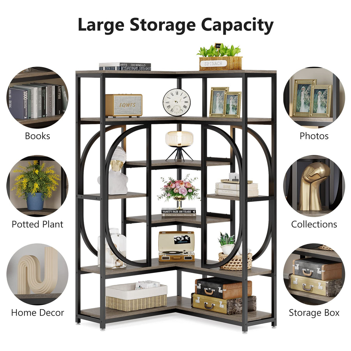 Tribesigns L-Shaped 7-Shelf Corner Bookshelf – Modern Grey Bookcase with Metal Frame for Home and Office Tribesigns