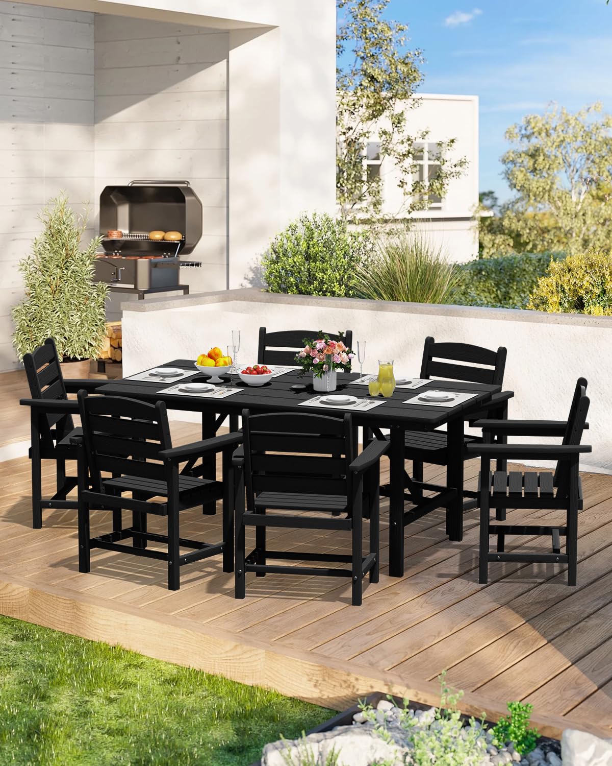 PLUUV Outdoor HDPE Dining Set, 7 Pieces Outdoor Furniture with Large Table& 6 Chairs, All-Weather Patio Dining Set for Lawn, Garden, Backyard, Black PLUUV
