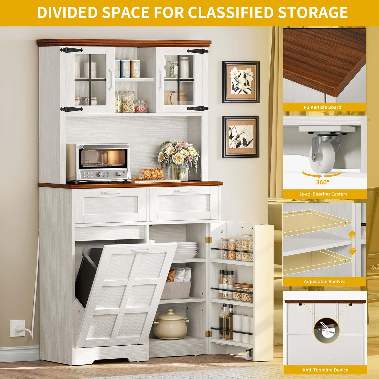 DWVO Kitchen Pantry Cabinet, 70" Tall Farmhouse Freestanding Kitchen Storage Cabinets with 10 Gallon Tilt-Out Trash Can Cabinet,2 Drawers, Microwave Coffee Bar for Living & Dining Room, White Walnut DWVO