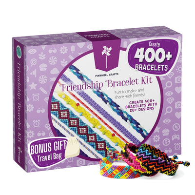 Pinwheel Crafts Friendship Bracelet Kit – DIY String Bracelet Making Kit for Girls 8-12 – 100 Floss, Colored/Metal Beads, Braiding Clip, Design Book – Jewelry Making Set for Girls Gift