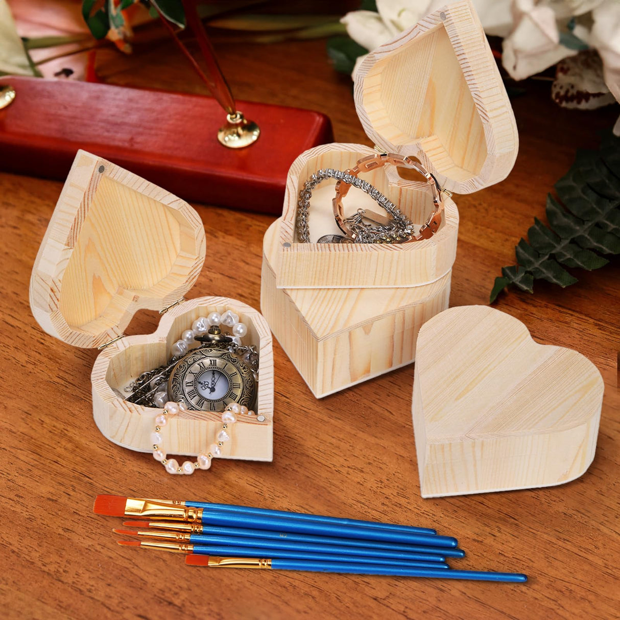 Acshio 12 Pack Unfinished Wood Heart Box, Unpainted DIY Treasure Chest with 10 Pcs Paint Brushes, Wooden Heart Shaped Storage Box Jewelry Box with Lid for Art Craft Painting Making Acshio