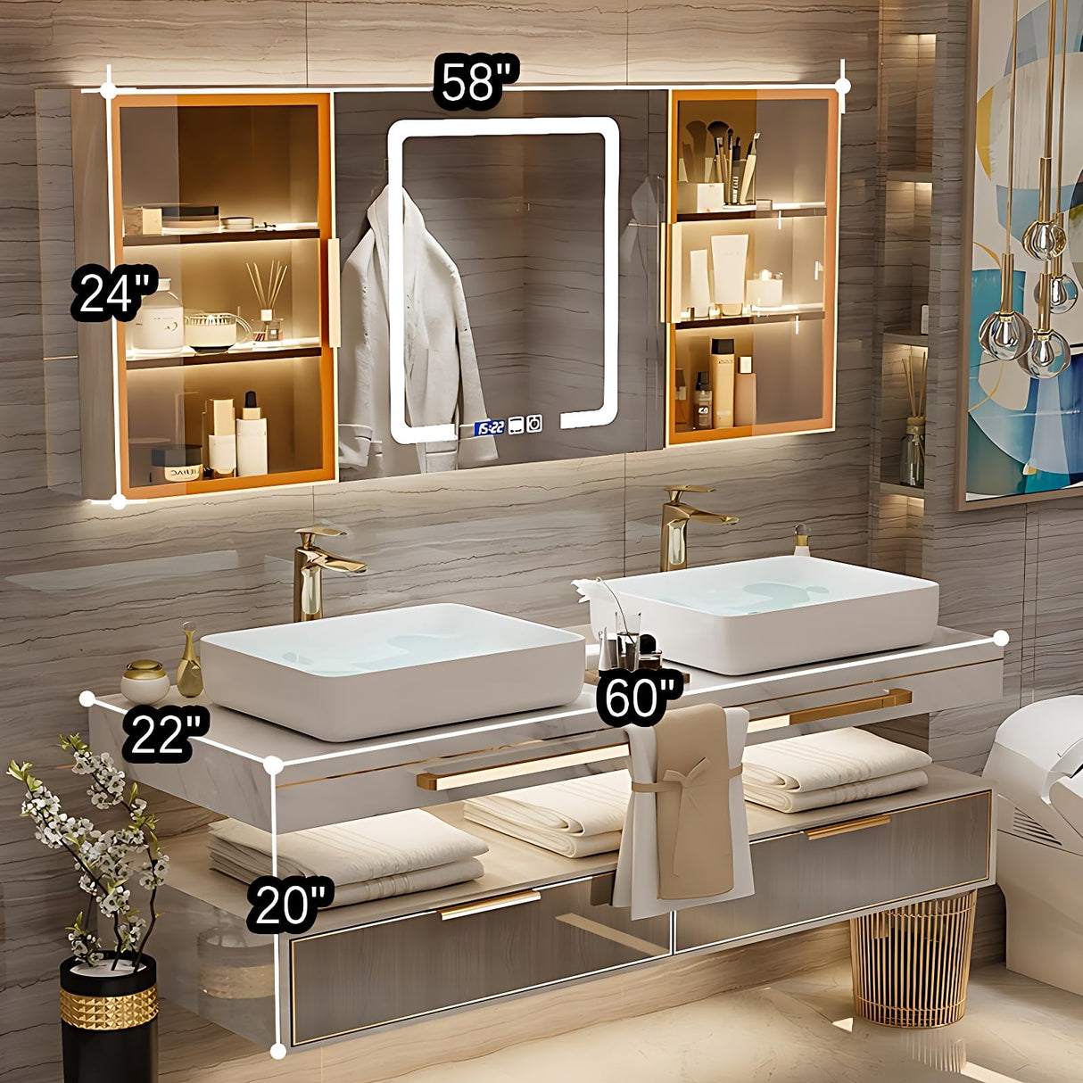 ZGNBSD Double Bathroom Vanity with Sink - Floating Bathroom Vanity Contains Smart Defog Mirror Cabinet, Solid Wood Bathroom Vanity with Drawer, Wall Mounted (Double Sink 60") ZGNBSD