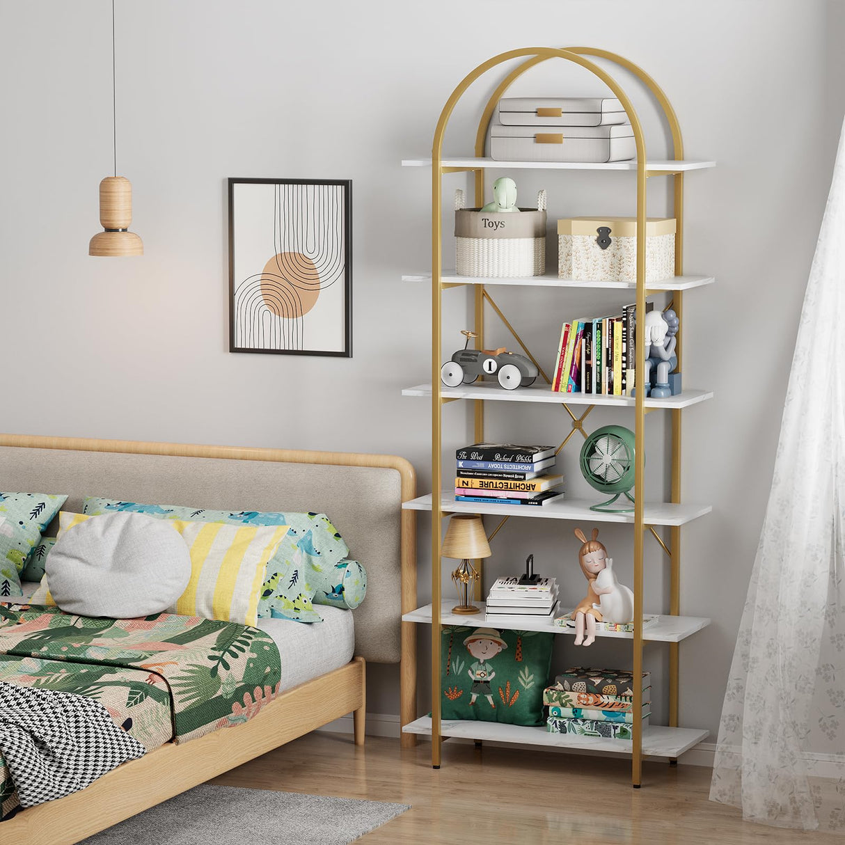 Arbuxzuy 6 Tier Bookshelf, 83" Tall Arched Bookcase, Tall Book Shelf with Metal Frame, Modern Display Standing Shelf for Living Room, Home Office, Bedroom, Gold