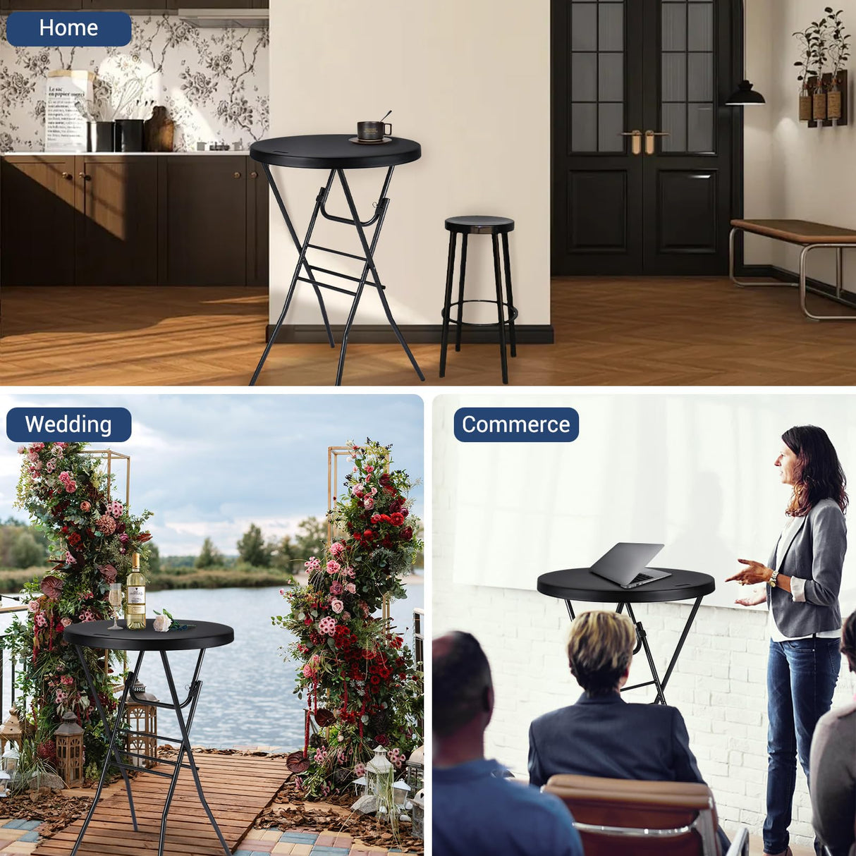 Byliable Cocktail Table 28in High Top Round Folding Indoor Outdoor, Plastic Bar Height Foldable Bistro Tall Table for Party, Patio, Dining Room, Kitchen, Events, Removable Locking Legs, Black Byliable