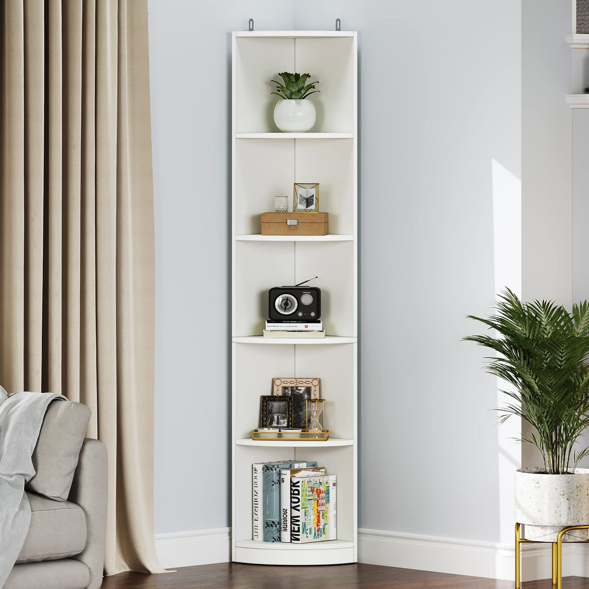 YITAHOME 5-Tier White Corner Bookshelf – Modern Free Standing Display Rack for Living Room and Home Office YITAHOME