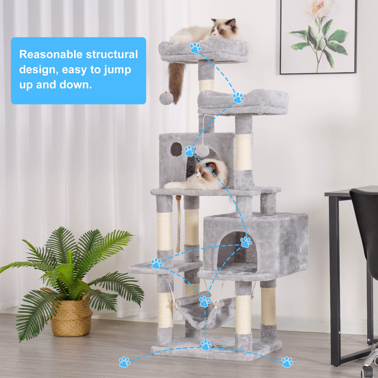 Hey-brother Multi-Level Cat Tree Condo Furniture with Sisal-Covered Scratching Posts, 2 Plush Condos, Perch Hammock for Kittens, Cats and Pets, Light Gray MPJ020-SW Hey-brother