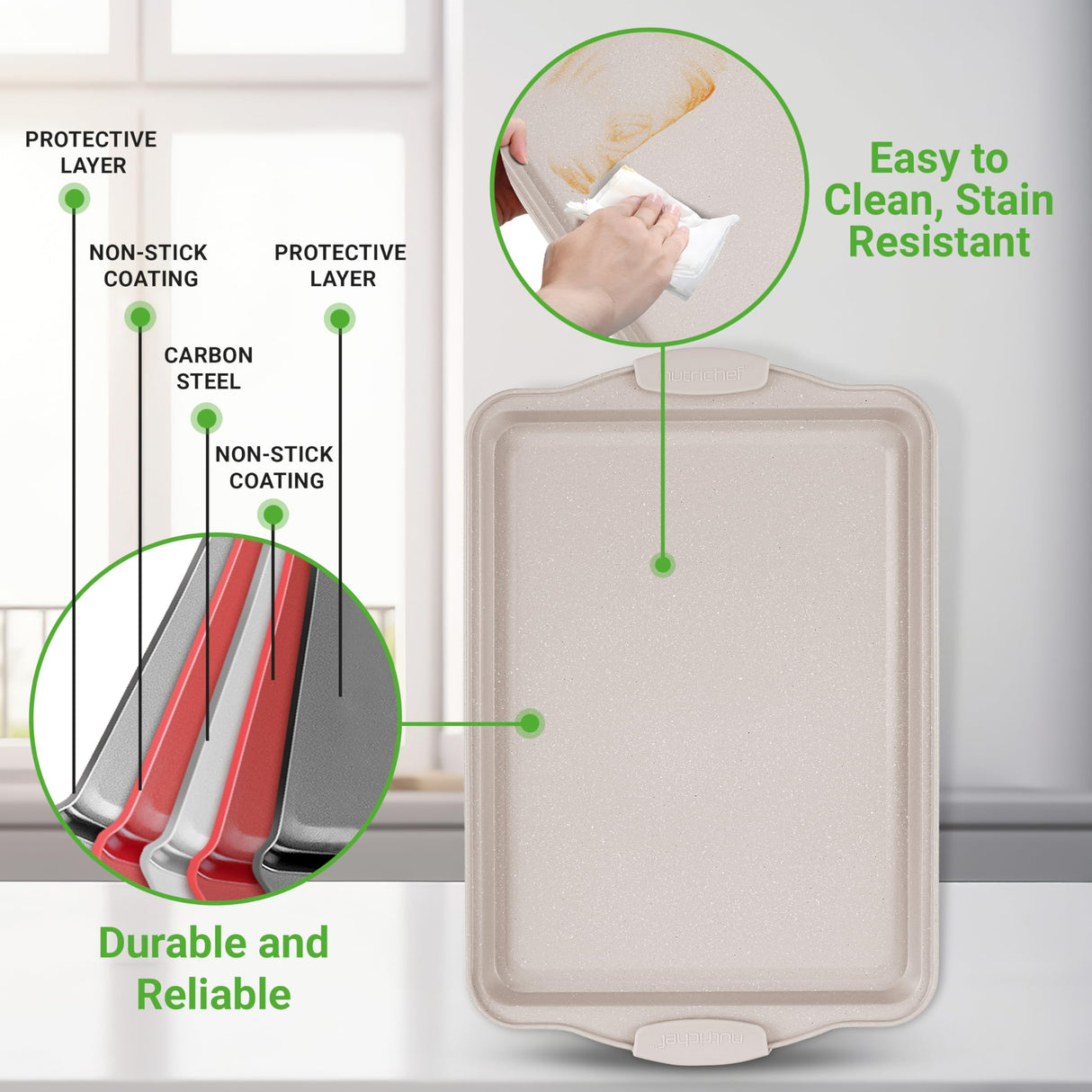 NutriChef 3 Piece Nonstick Cookie Sheets for Baking - Premium Carbon Steel Baking Pans with White Silicone Handles - Even Heat Distribution, PFOA/PFOS/PTFE Free, Easy to Clean - Cream Marble, NCBKT3CM NutriChef