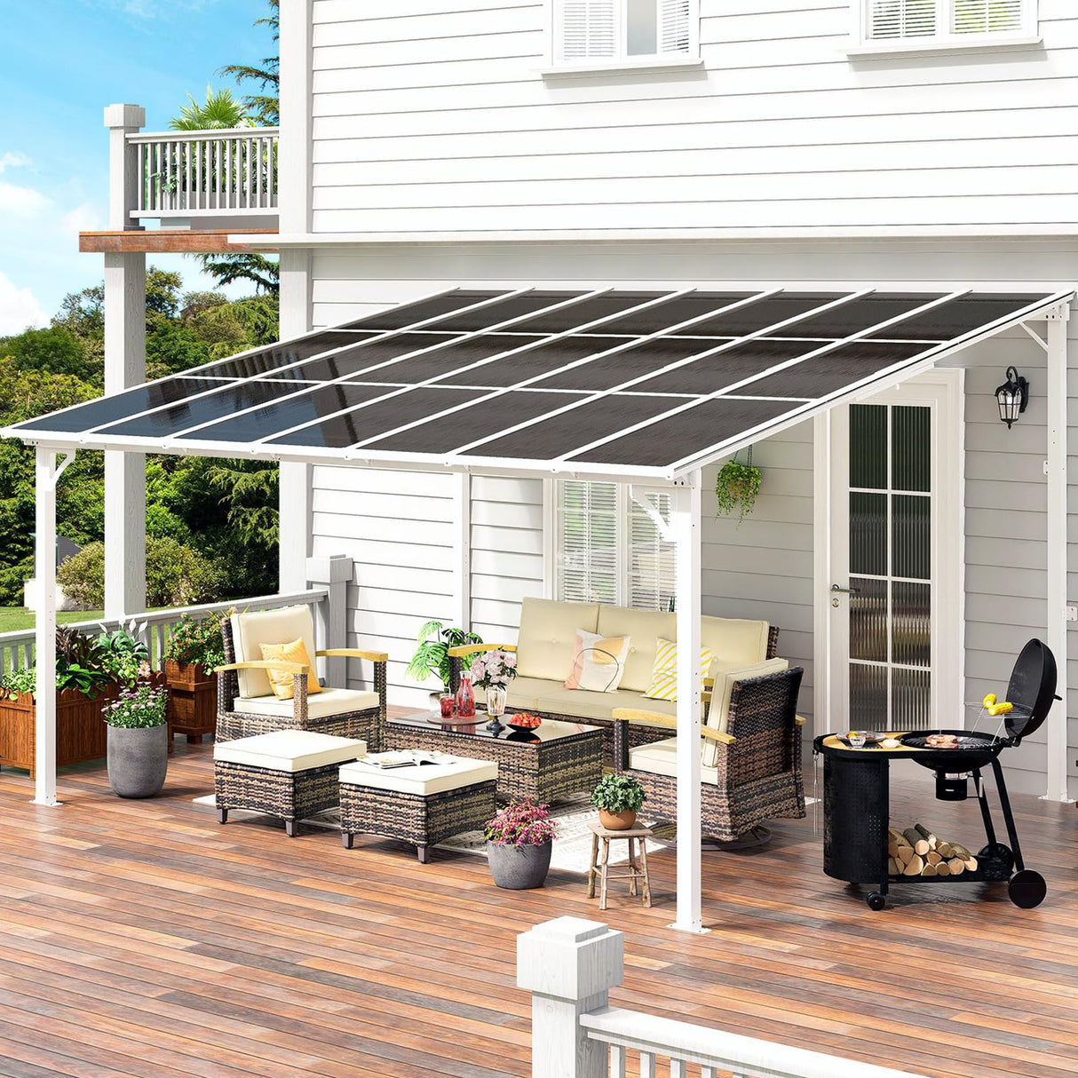 MEISSALIVVE 12' x 14' Gazebo, Wall Mounted Gazebo, Lean to Metal Awnings Gazebos, Gazebo Pergola with Sloped Roof, Outdoor Patio Gazebo Awning for Backyard, Deck, White MEISSALIVVE