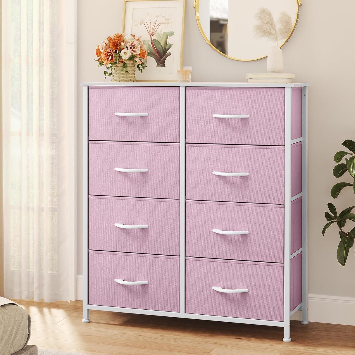 YITAHOME Fabric Dresser for Bedroom, Tall Storage Dresser with 8 Drawers, Black Dresser & Chest of Drawers, Storage Drawer Organizer for Closet(Rose Pink) YITAHOME