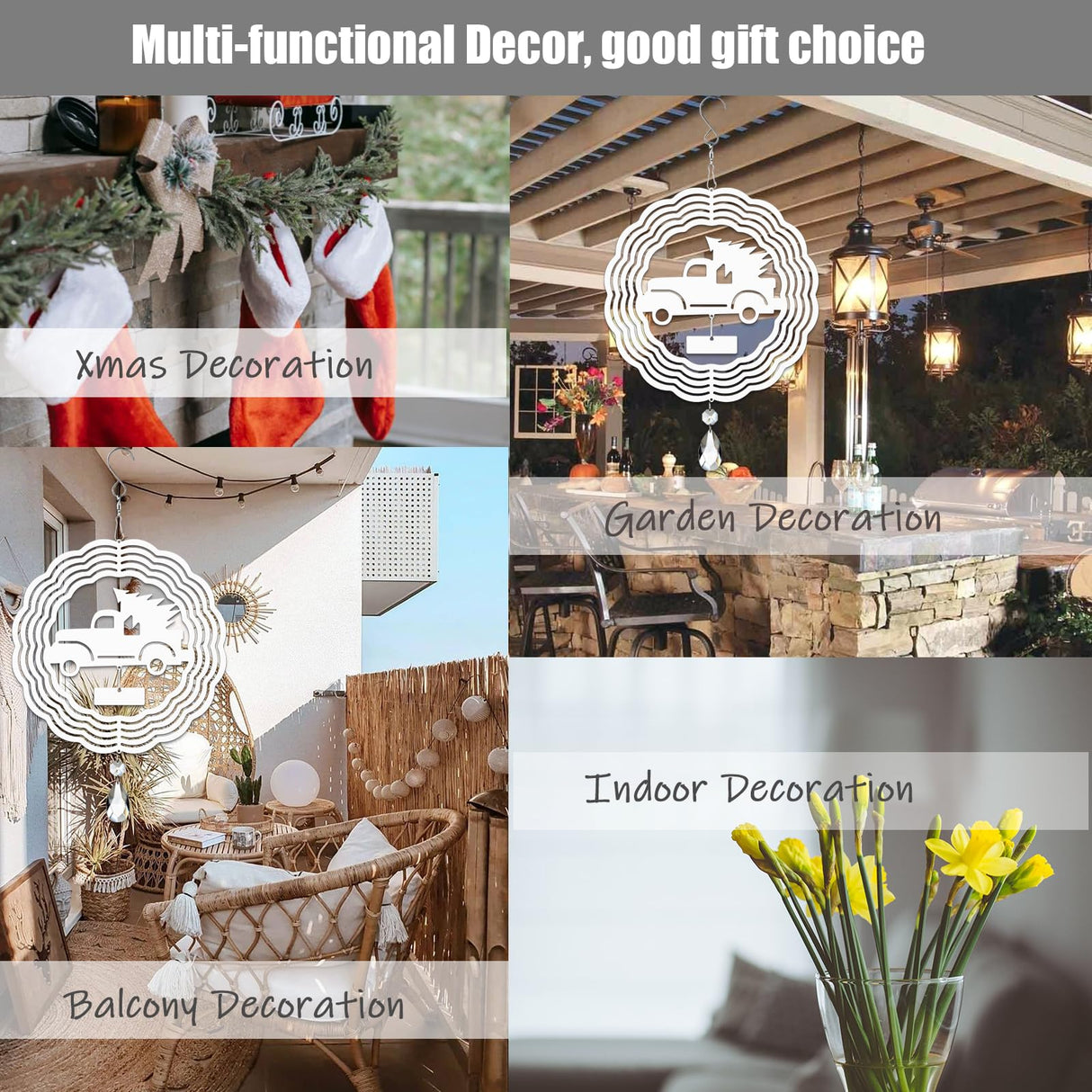 WindMage 4Pack 8inch Sublimation Wind Spinner Blanks 3D Aluminum Metal Wind Sculpture Kinetic Spinners for Yard Garden Indoor Art Sublimation Christmas Ornament Hanging Decoration (Xmas Tree Truck) WindMage