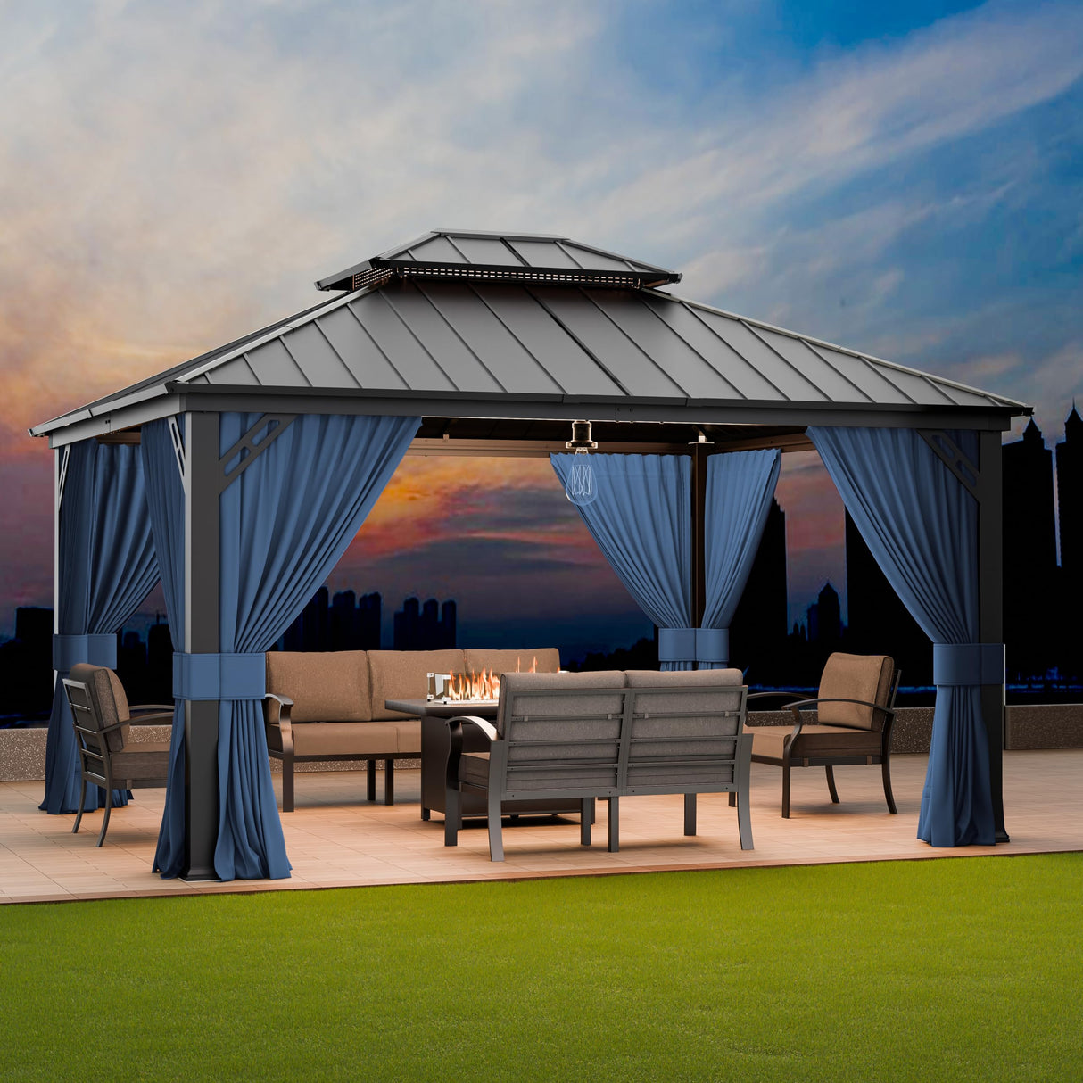 RTDTD 12’x14’ Hardtop Gazebo Outdoor Aluminum Frame Permanent Gazebo Galvanized Steel Double Roof Pergola with Nettings and Curtains for Patio, Lawns,Backyard, Deck(Navy) RTDTD
