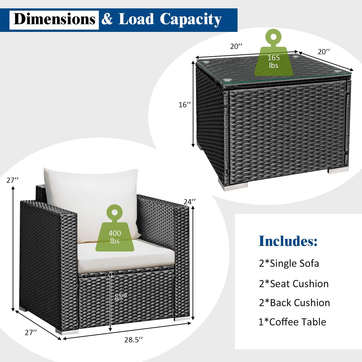 Tangkula 3 Pieces Patio Furniture Set, PE Rattan Wicker Sofa Set w/Washable Cushion and Tempered Glass Tabletop, Outdoor Conversation Furniture for Garden Poolside Tangkula