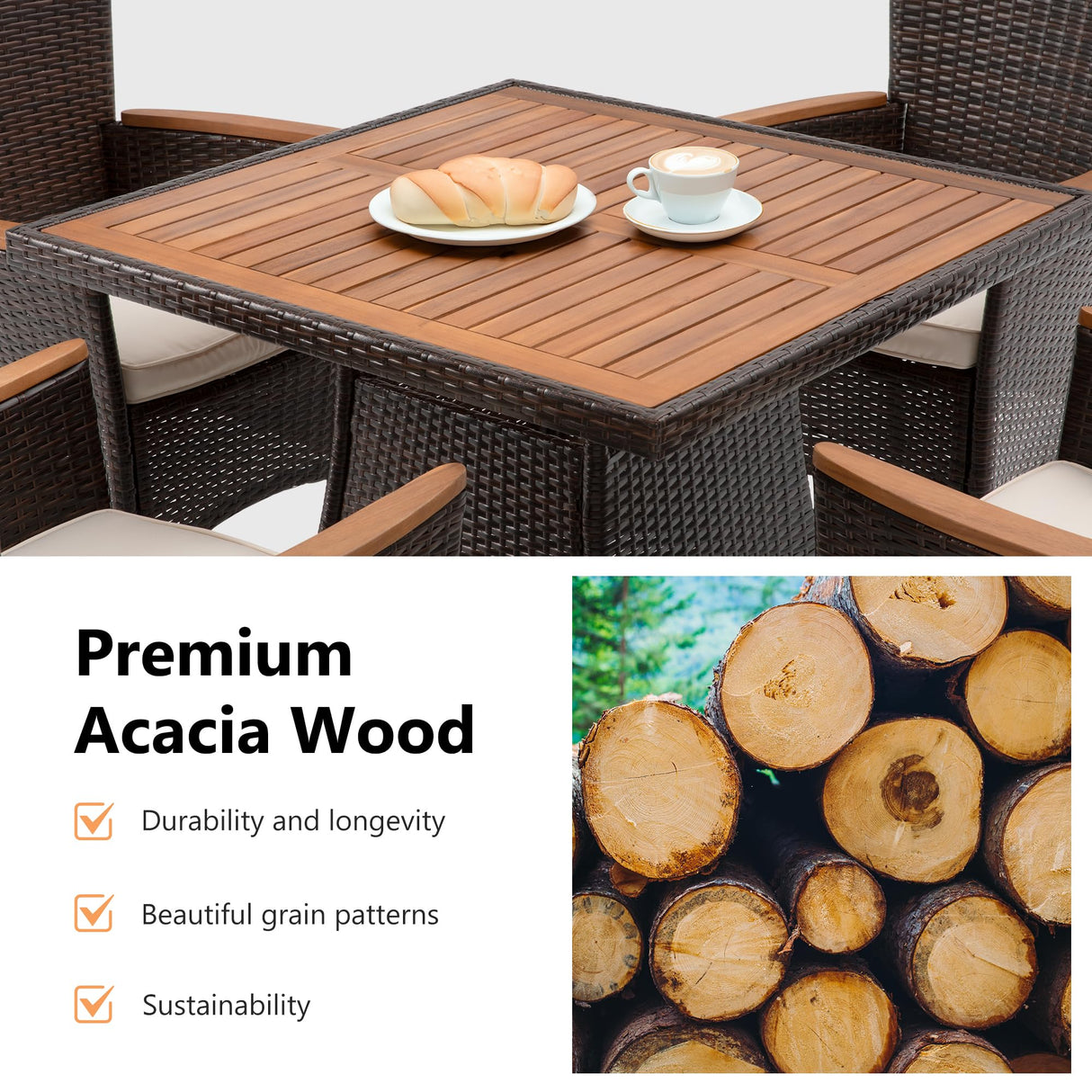 Wisteria Lane 5-Pieces Patio Dining Sets, Rattan Outdoor Table and Chairs with Acacia Wood Tabletop, Metal Patio Dining Furniture for 4 with Removable Cushions for Deck Garden Backyard, Brown Wisteria Lane