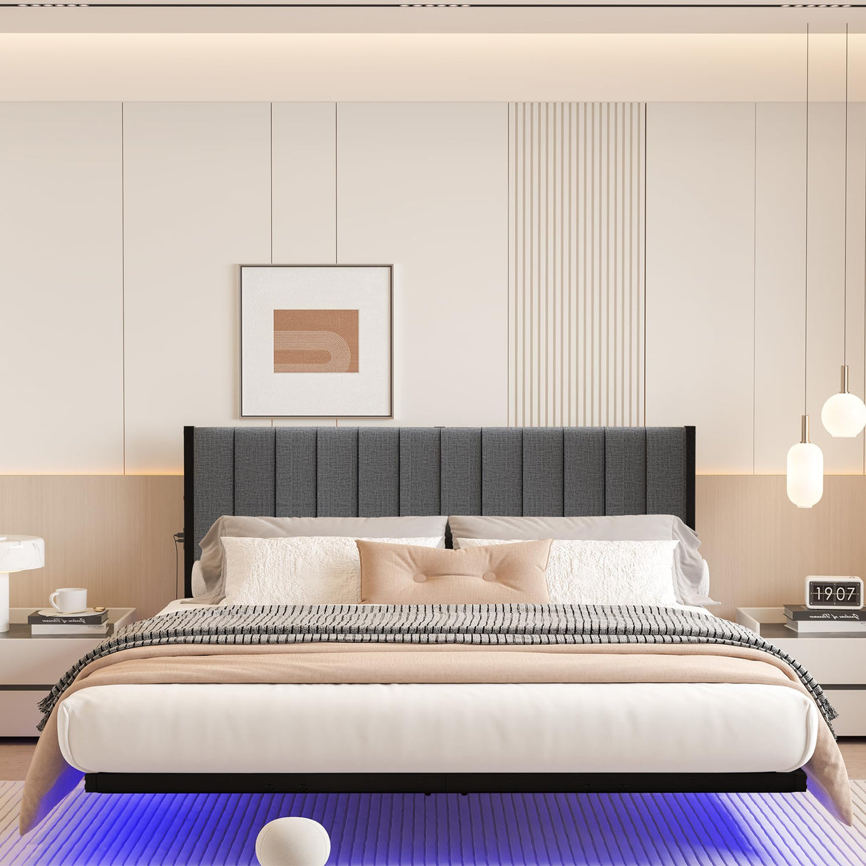 ARFARLY Floating Queen Bed Frame with LED Lights and Charging Station, Metal Platform Bed Frame Queen Size with Upholstered Headboard, No Box Spring Needed, Anti-Noise, Easy to Assemble ARFARLY