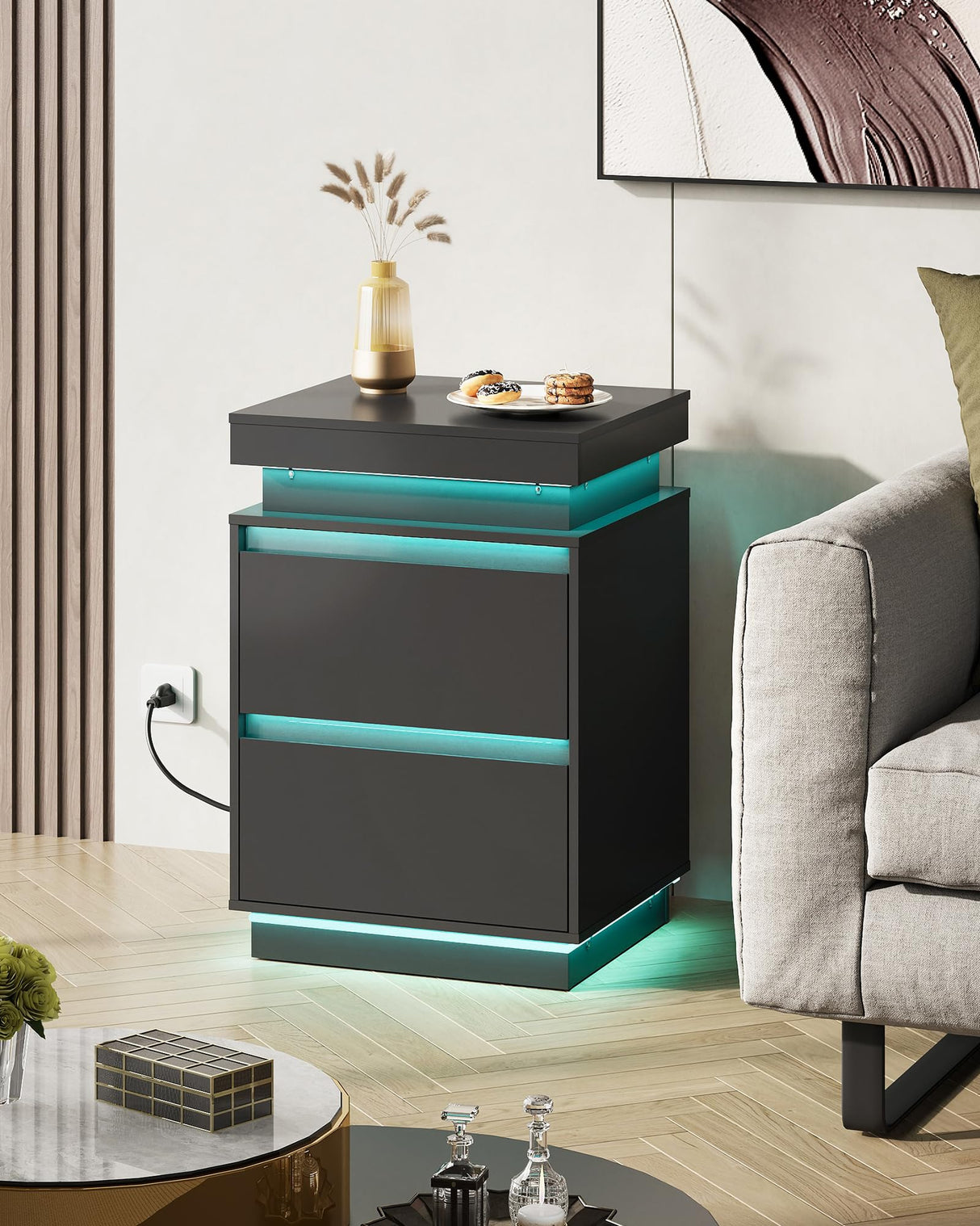 WLIVE Black Nightstand with Charging Station and LED Lights, Bedside Table with 2 Wooden Drawers and Sliding Top, Modern End Table Side Table for Bedroom, Living Room, Office WLIVE
