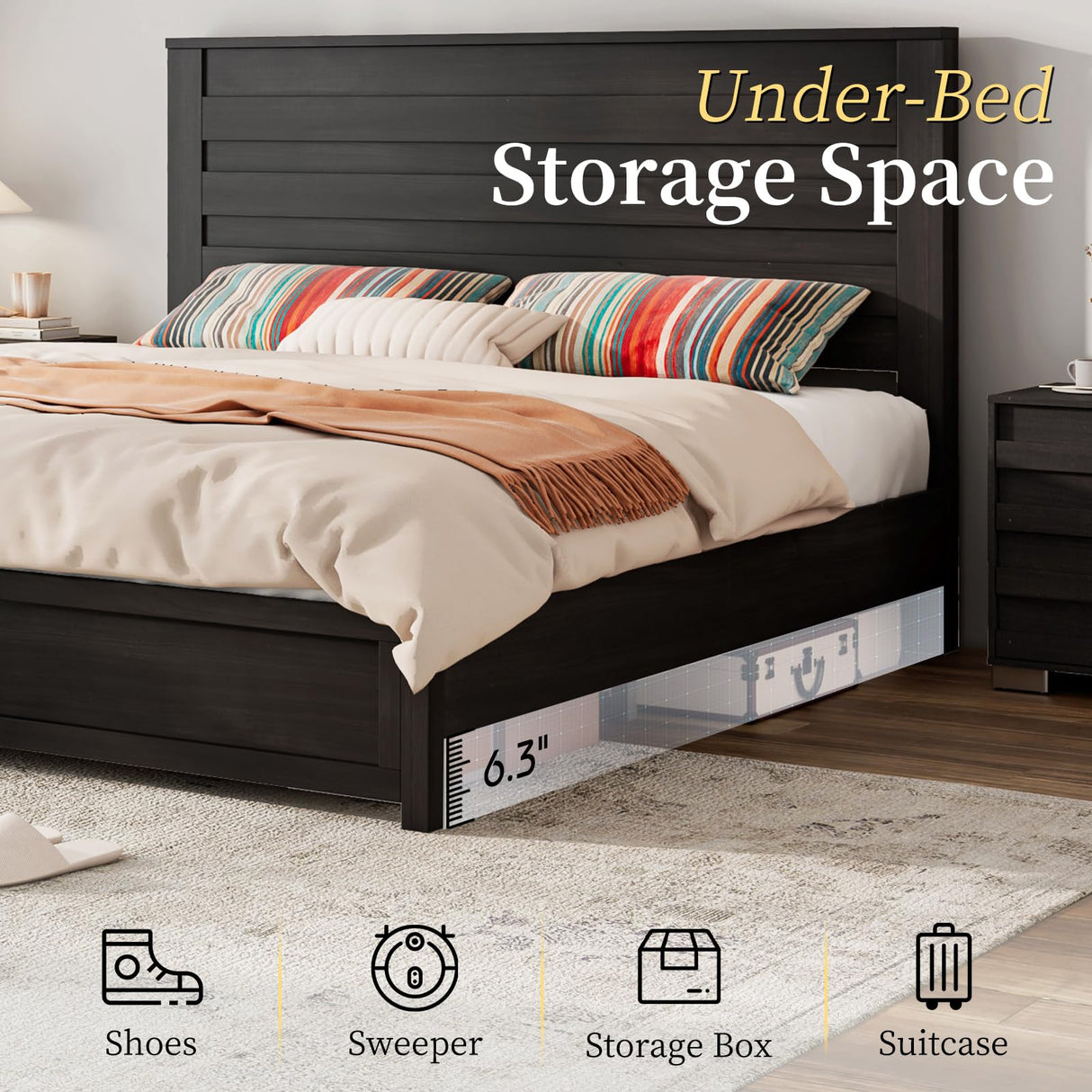 Farmhouse Queen Bed Frame with 49" Tall Headboard - LUXOAK Wooden Platform Bed, Noise-Free & No Box Spring Needed, Black LUXOAK