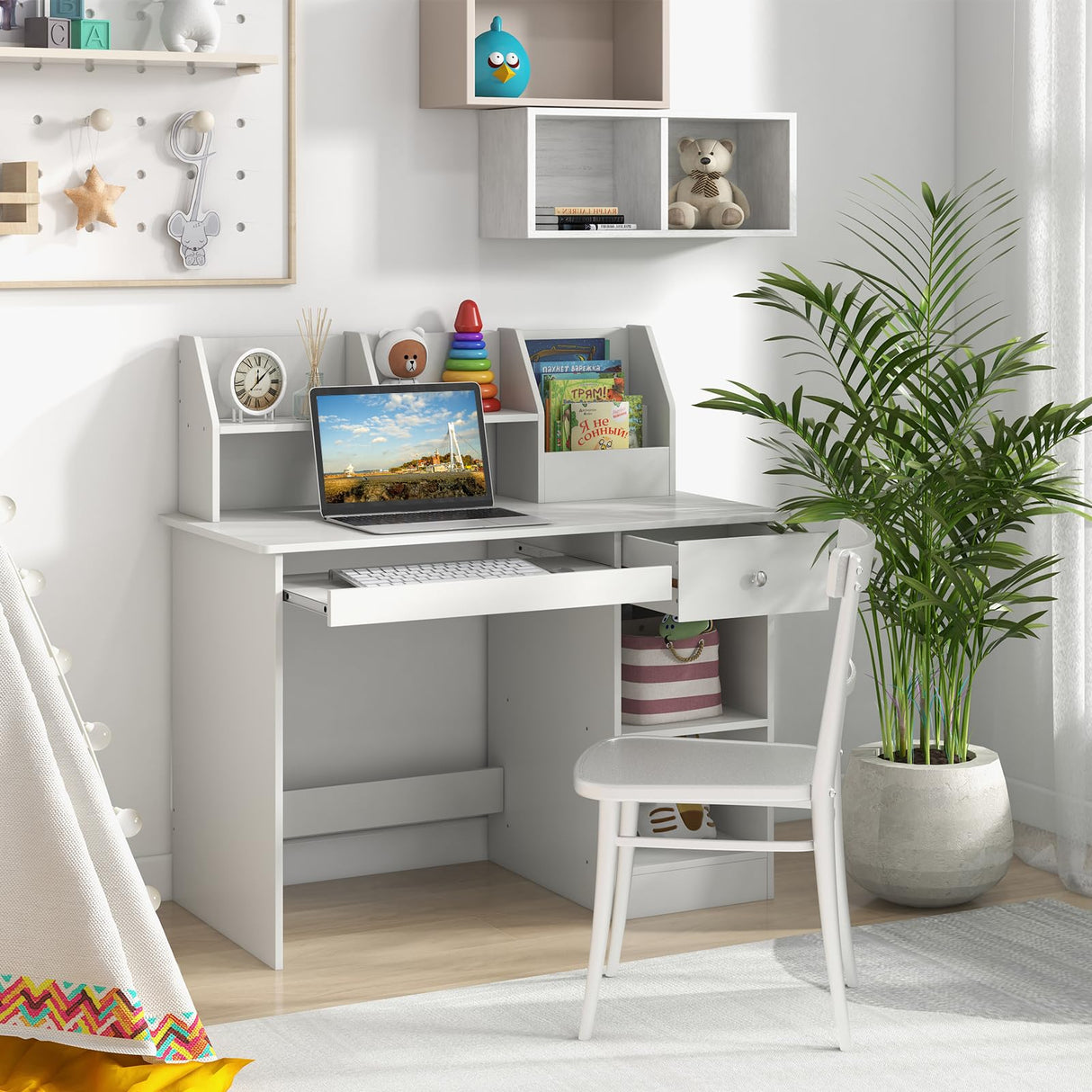 Costzon Kids Study Desk with Hutch and Storage - White Wooden Workstation for Children Costzon