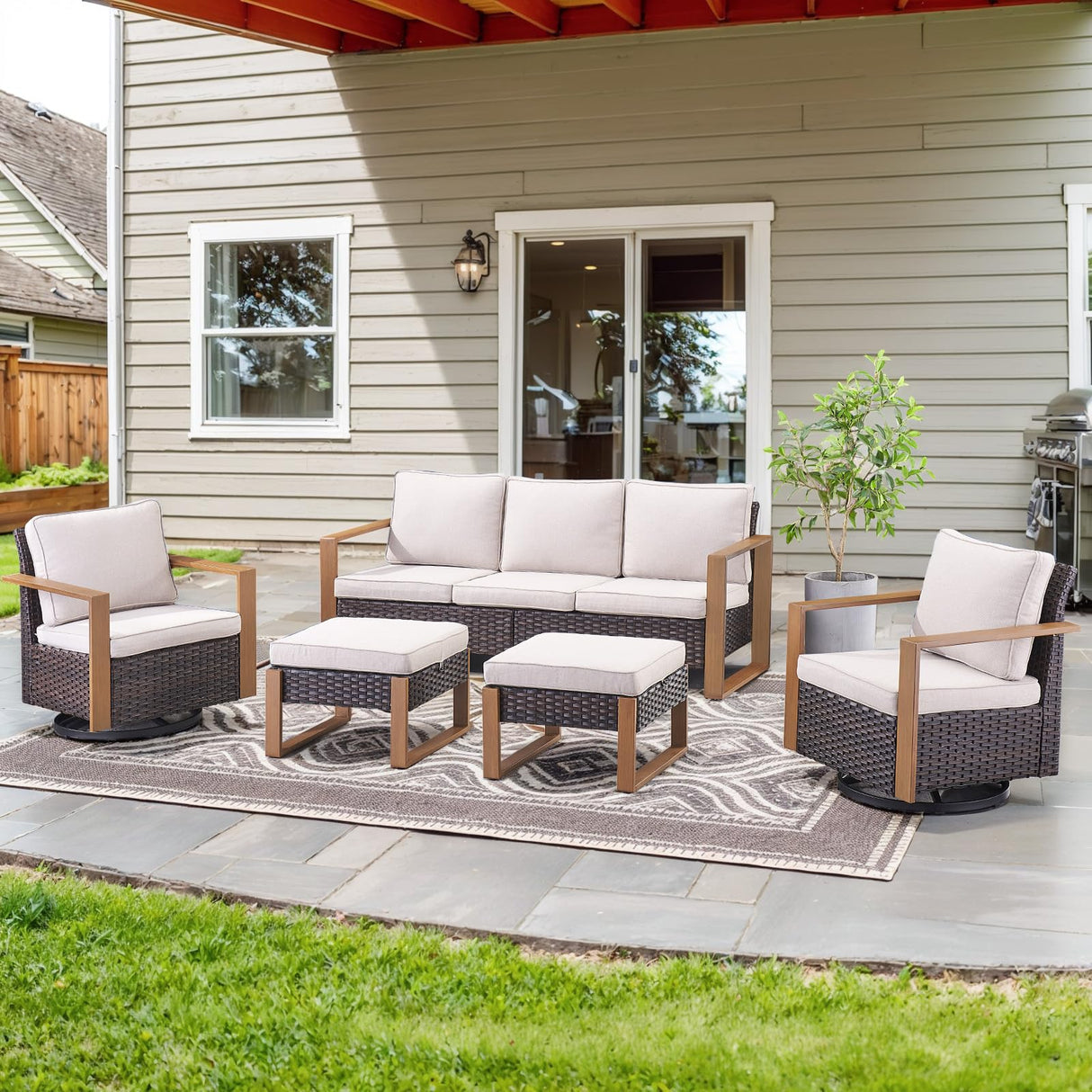 Belord 5 Piece Patio Furniture Set with Swivel Chairs, PE Wicker Patio Sofa Set Outdoor Swivel Rocker Patio Chairs with Anti-Rust Metal Wide Armrests for Deck Backyard Sunroom Belord