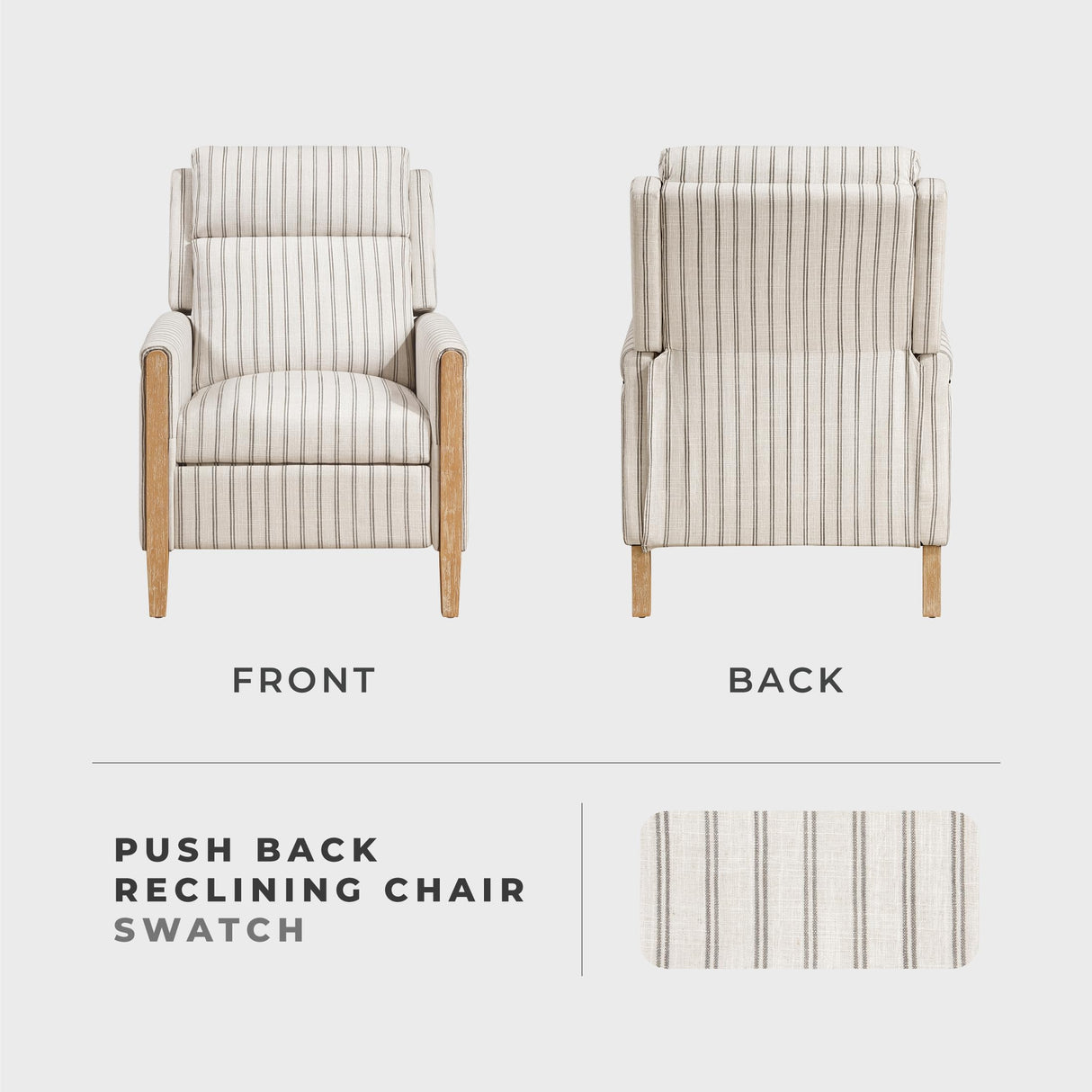 Lexicon Pushback Recliner Chair, Striped Textured Fabric Accent Armchair, Push Back Recliner, Nailhead Trim, Solid Wood Legs, Easy Assembly for Living Room/Office/Apartment, White/Grey Lexicon