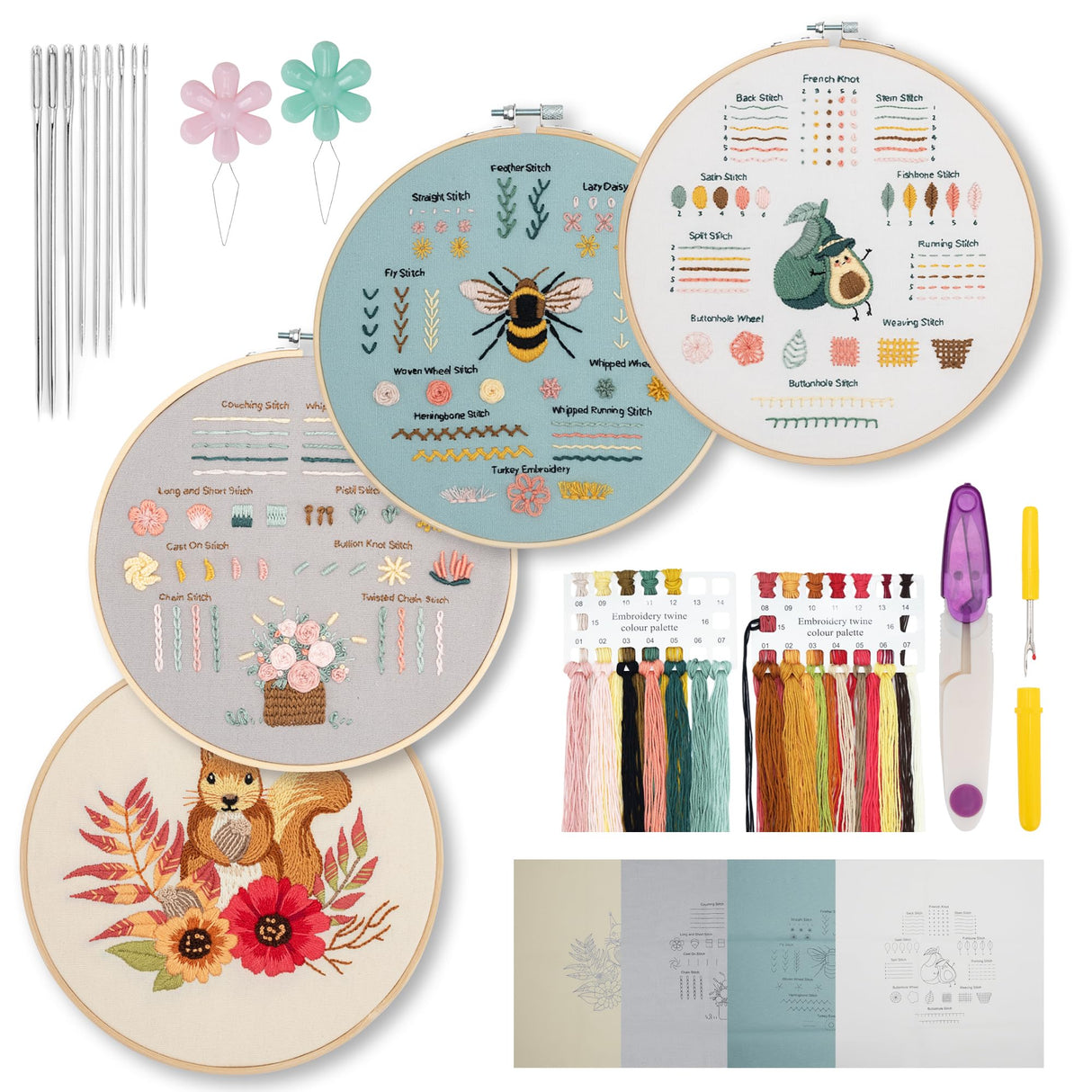 kasateri 4 Sets Beginner Embroidery Kit, Embroidery Kit for Beginners Adults Easy Hand Embroidery with Tools Bamboo Hoop Stamped Cloth Starter Cross Stitch Kits Needlepoint Craft Kits for Adults kasateri