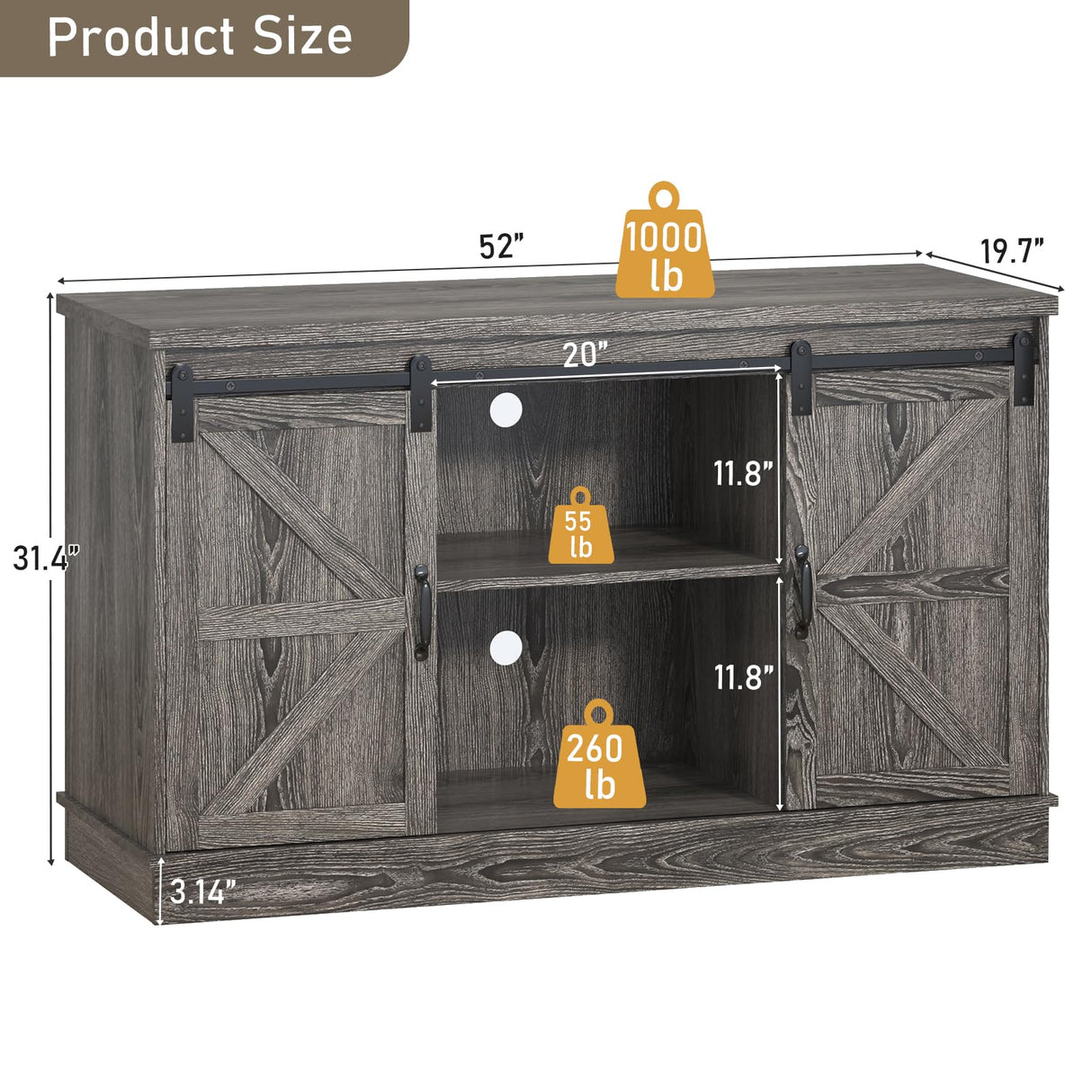 Hlivelood Farmhouse 55-75 Gallon Fish Tank Stand with Power Outlet, Aquarium Stand with Cabinet&Sliding Barn Door, Heavy Duty Reptile Tank Stand for 2 Fish Tank/Turtle Tank/Reptile Terrarium, Grey Hlivelood