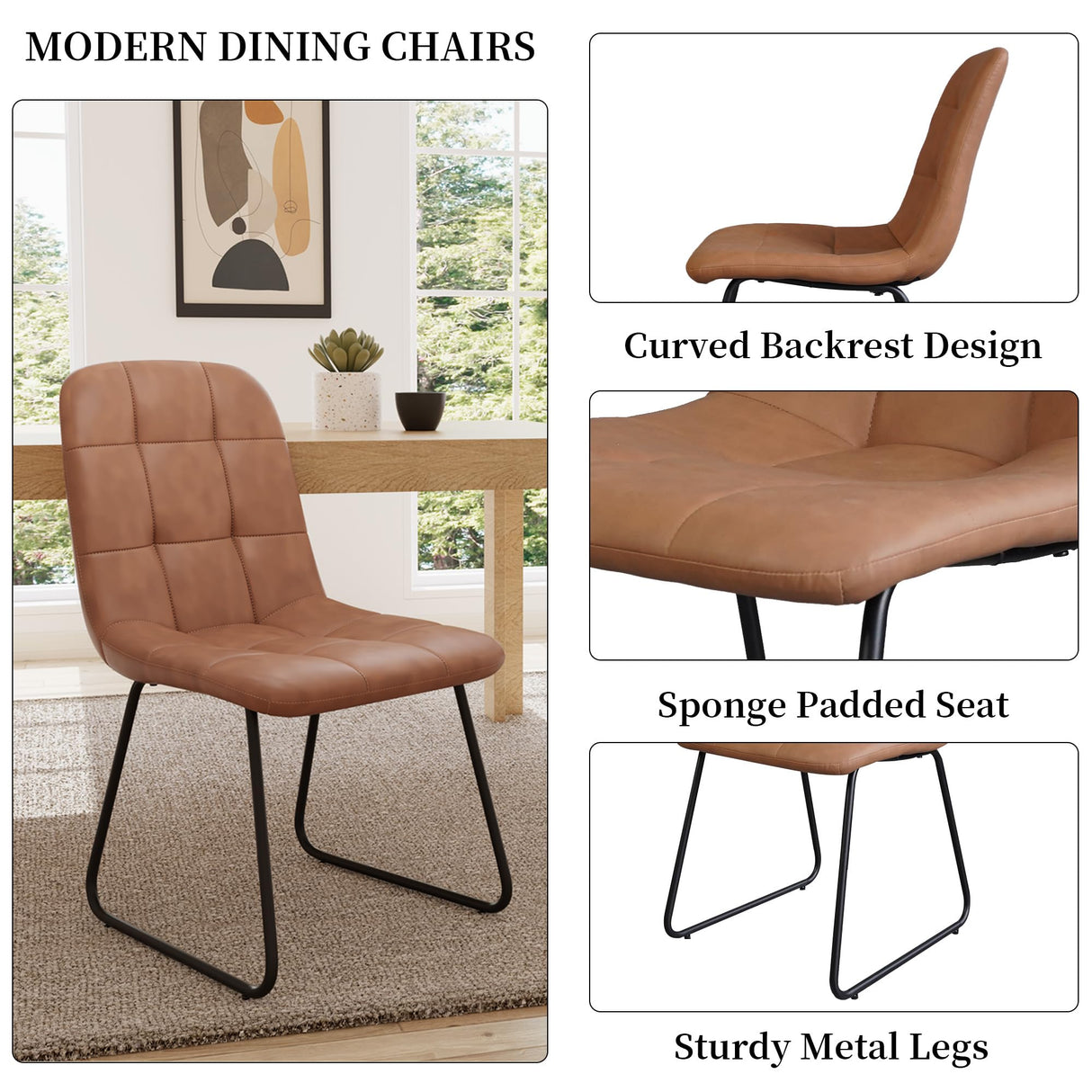 HIPIHOM 45.3 Inch Round Dining Table Set for 4, Mid Century Modern Small Coffee Set for Dining Room Kitchen Apartment (Dark Walnut Table + 4 U-Shaped Brown Chairs) HIPIHOM