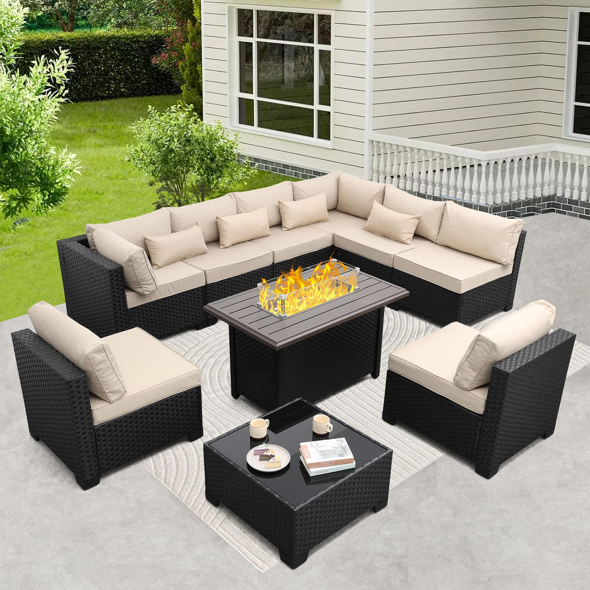 Rattaner 10 Pieces Outdoor Sectional All-Weather Wicker Patio Furniture Set Patio Sectional and Steel Fire Table and Glass Patio Table Non-Slip Cushions and Waterproof Covers, Khaki Rattaner
