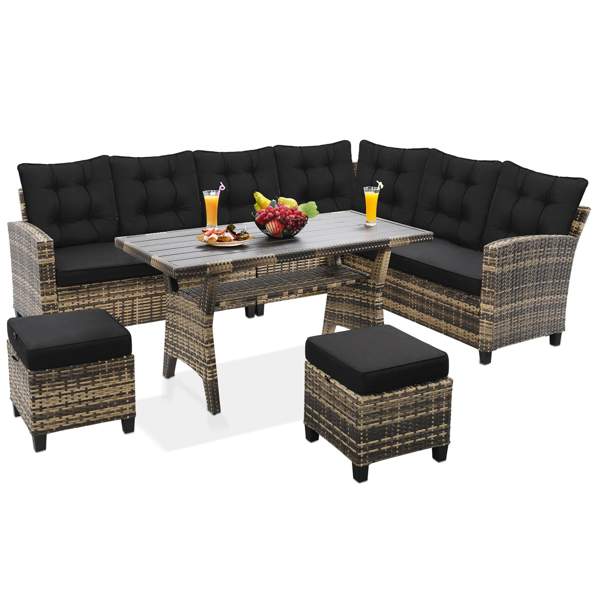 KROFEM 6-Piece Outdoor Patio Furniture Set - Sectional Sofa, Dining Table & Chairs Included, All-Weather Dining Set with Ottoman, Natural Wicker and Black Cushions KROFEM